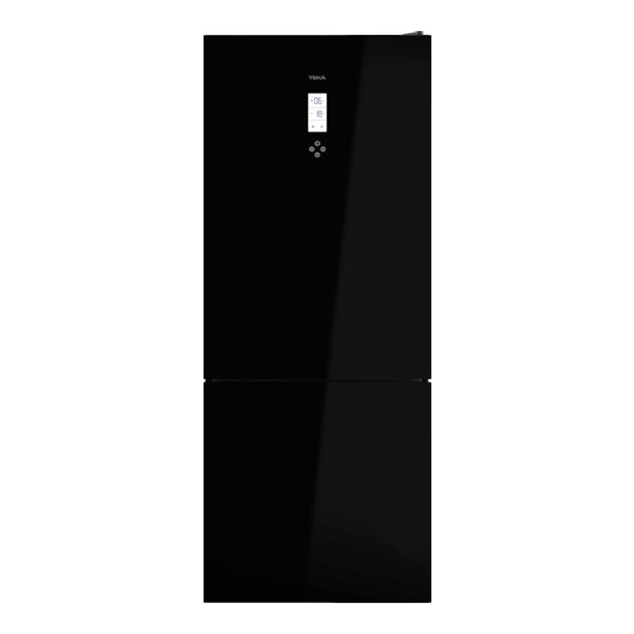 Frigorífico combi Teka RBF 78725 GBK negro, vista frontal con panel digital en la puerta.