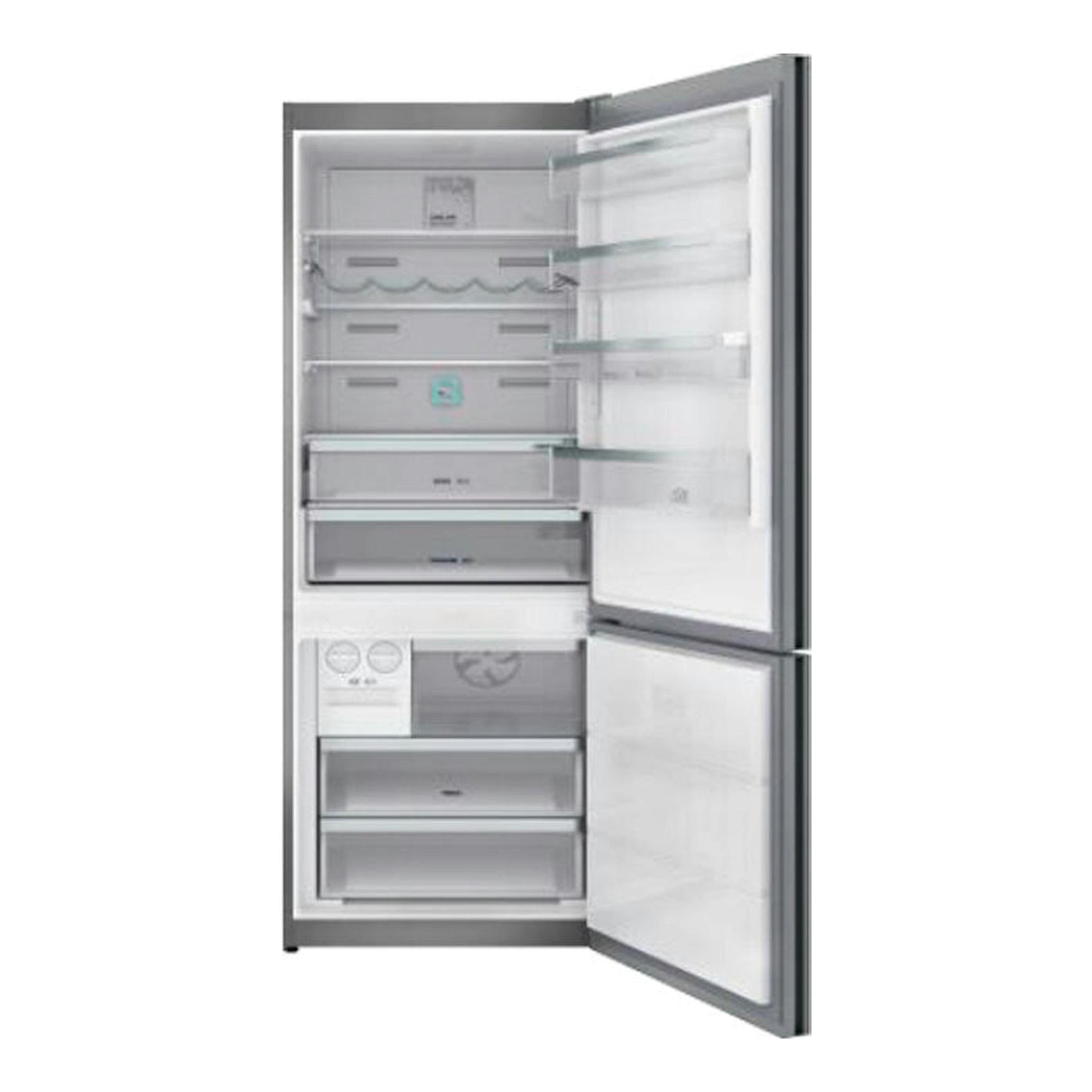 Frigorífico combi Teka RBF 78725 GBK en acero inoxidable, vista frontal con puertas abiertas.