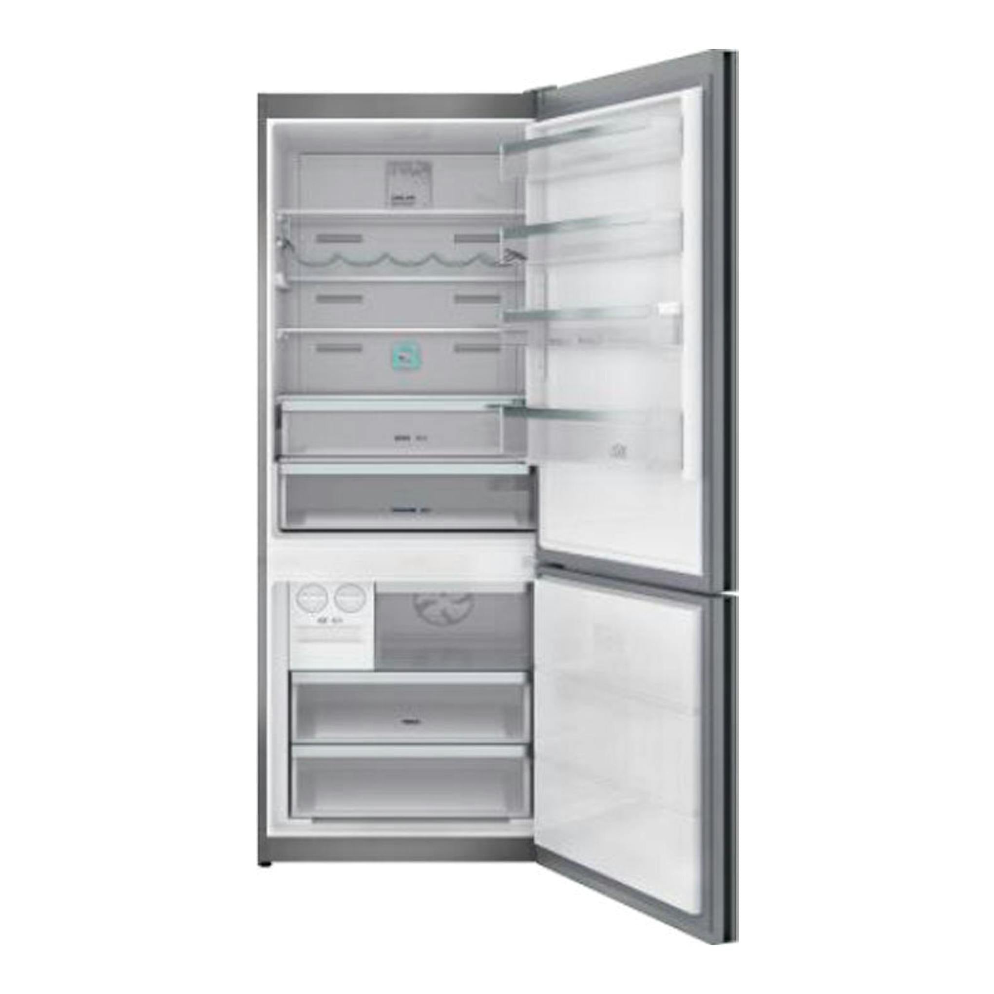 Frigorífico combi Teka RBF 78725 GBK en acero inoxidable, vista frontal con puertas abiertas.