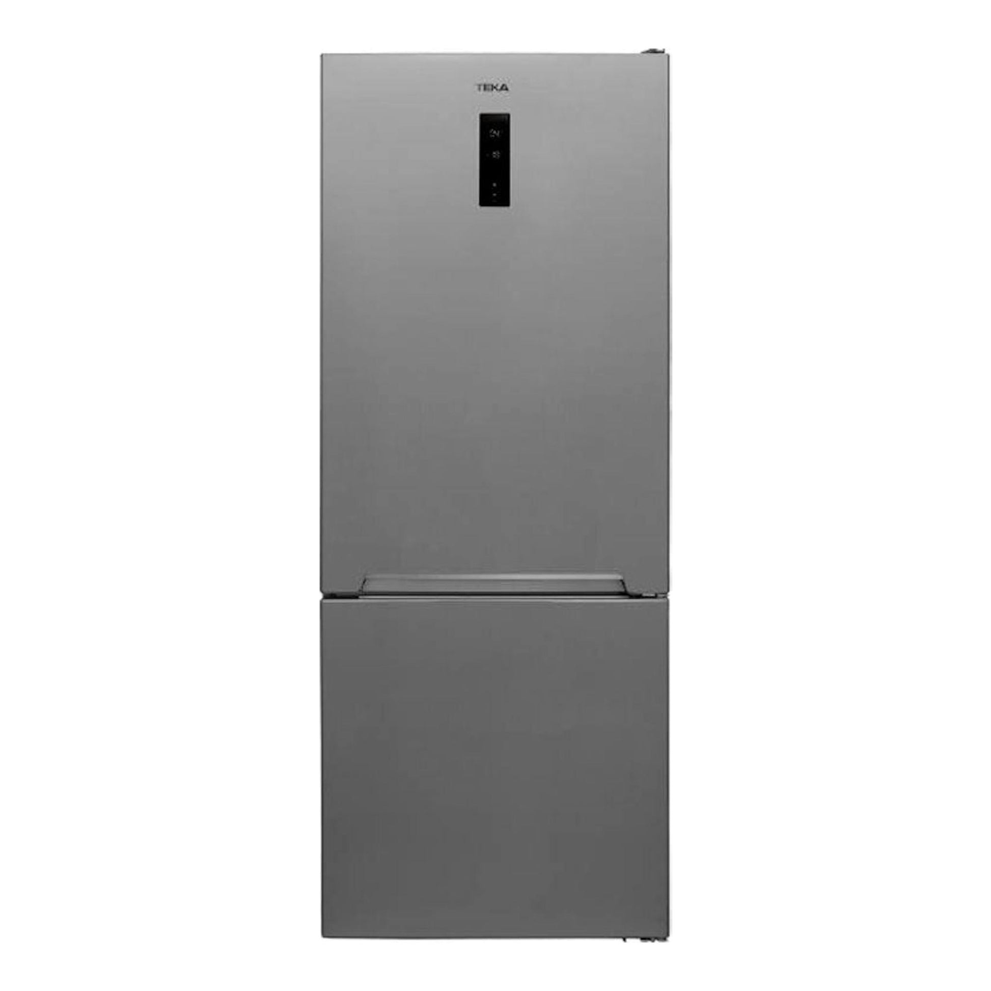 Frigorífico combi Teka RBF 78725 Inox, vista frontal, acabado gris acero y panel negro.