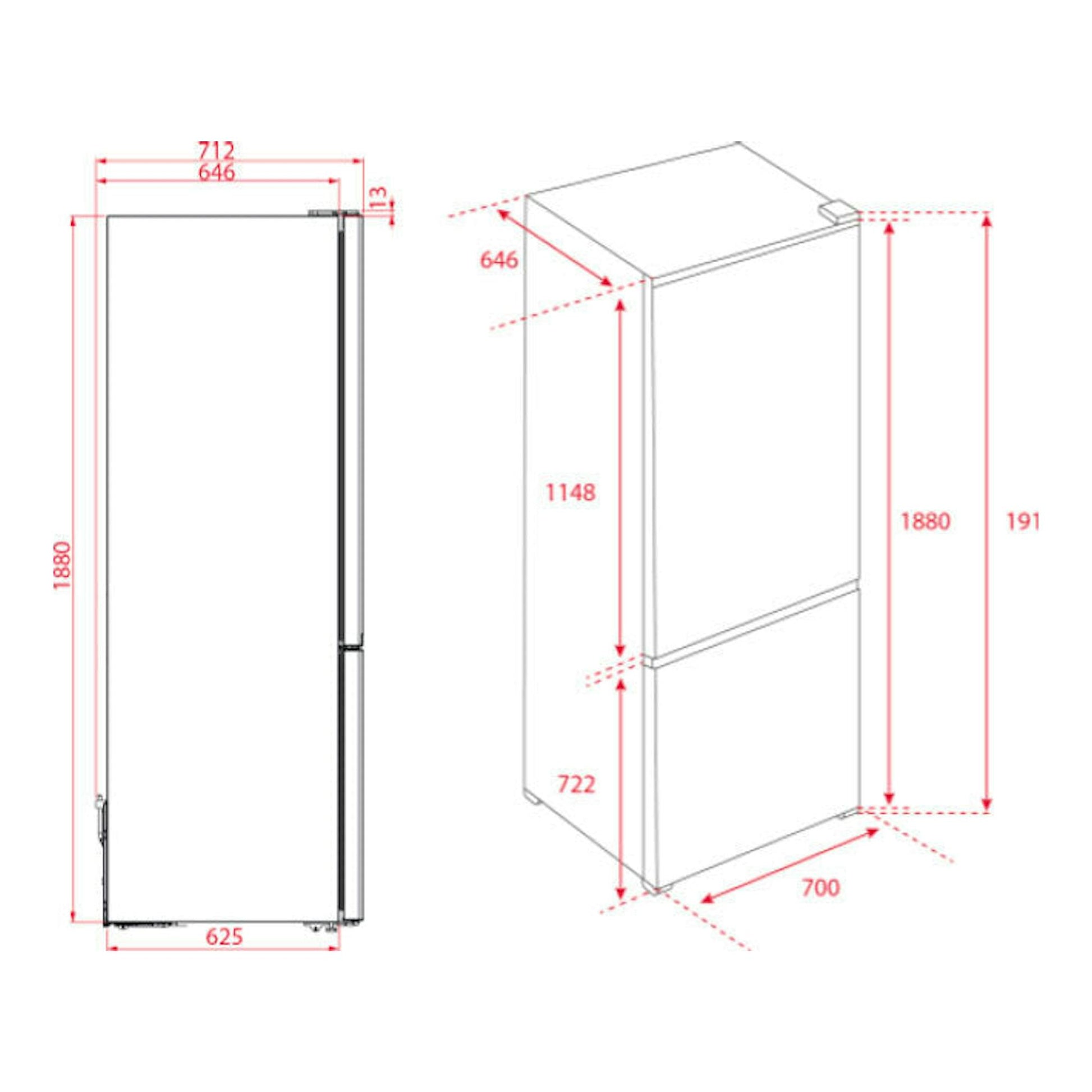 Dibujo técnico frontal y en perspectiva del frigorífico combi Teka RBF 78725 Inox con medidas.