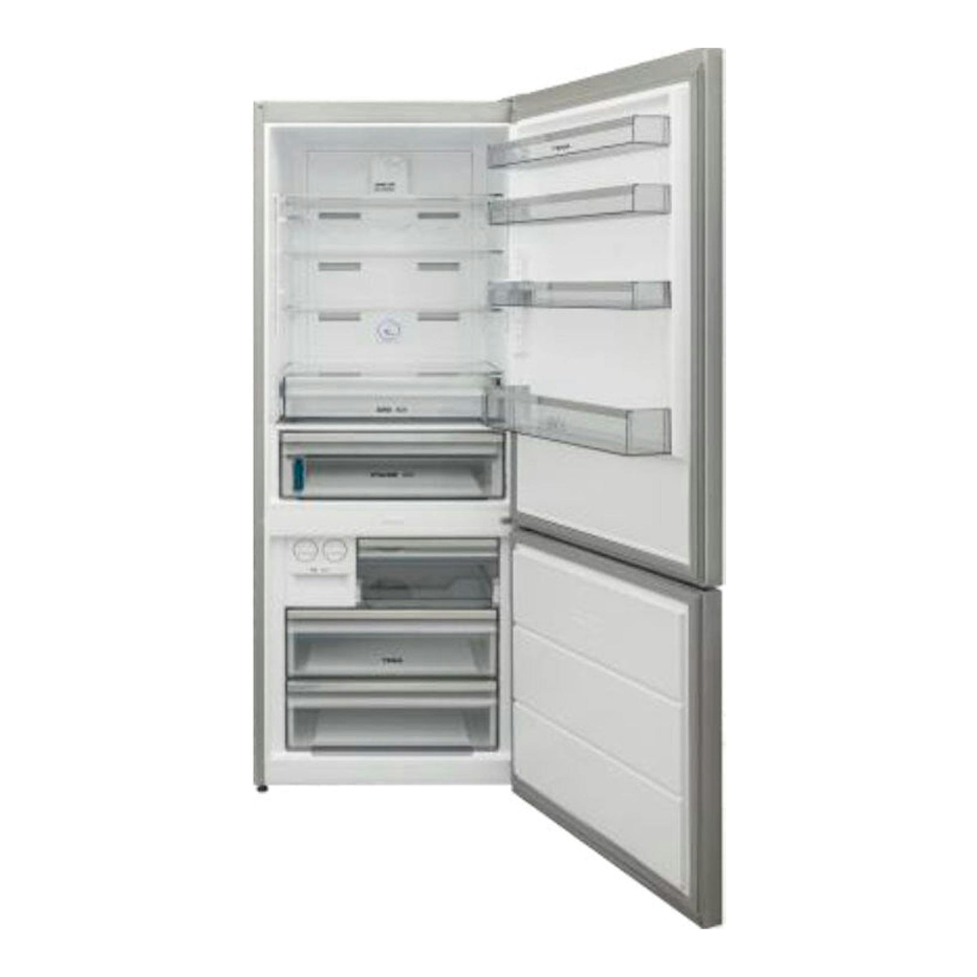 Frigorífico combi Teka RBF 78725 Inox abierto, vista frontal, acabado inox, con compartimentos y cajones visibles.
