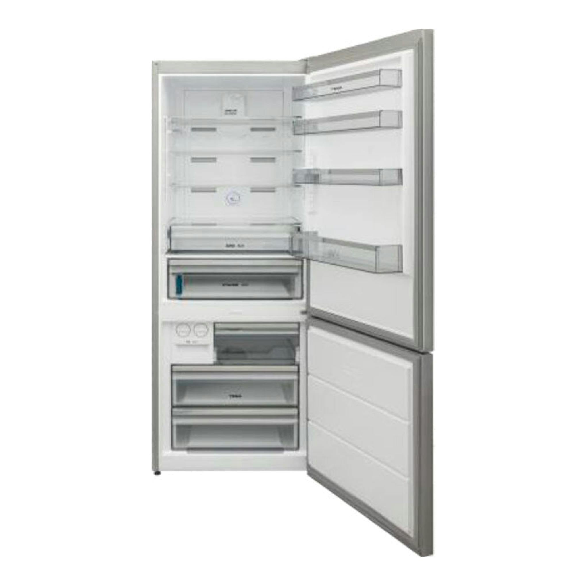 Frigorífico combi Teka RBF 78725 Inox abierto, vista frontal, acabado inox, con compartimentos y cajones visibles.