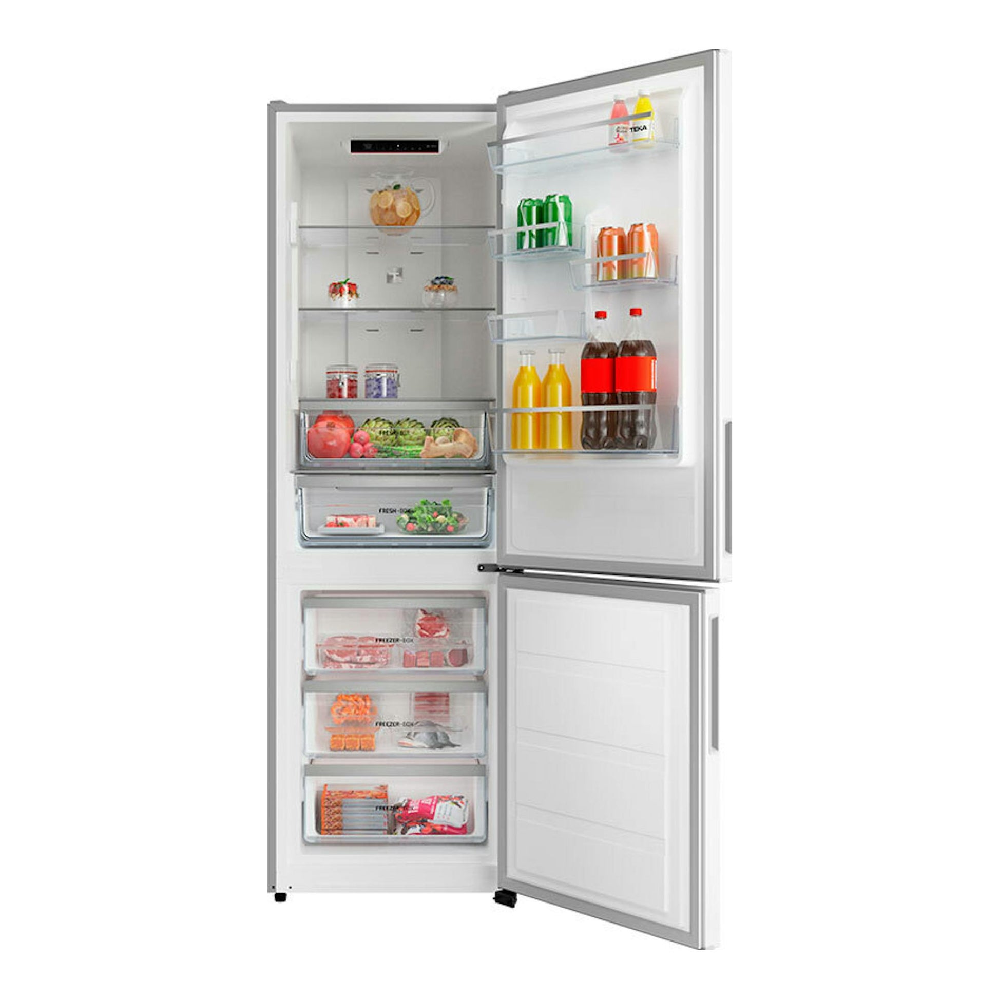 Frigorífico combi Teka RBF44630 blanco, vista frontal con puertas abiertas y estantes interiores visibles.