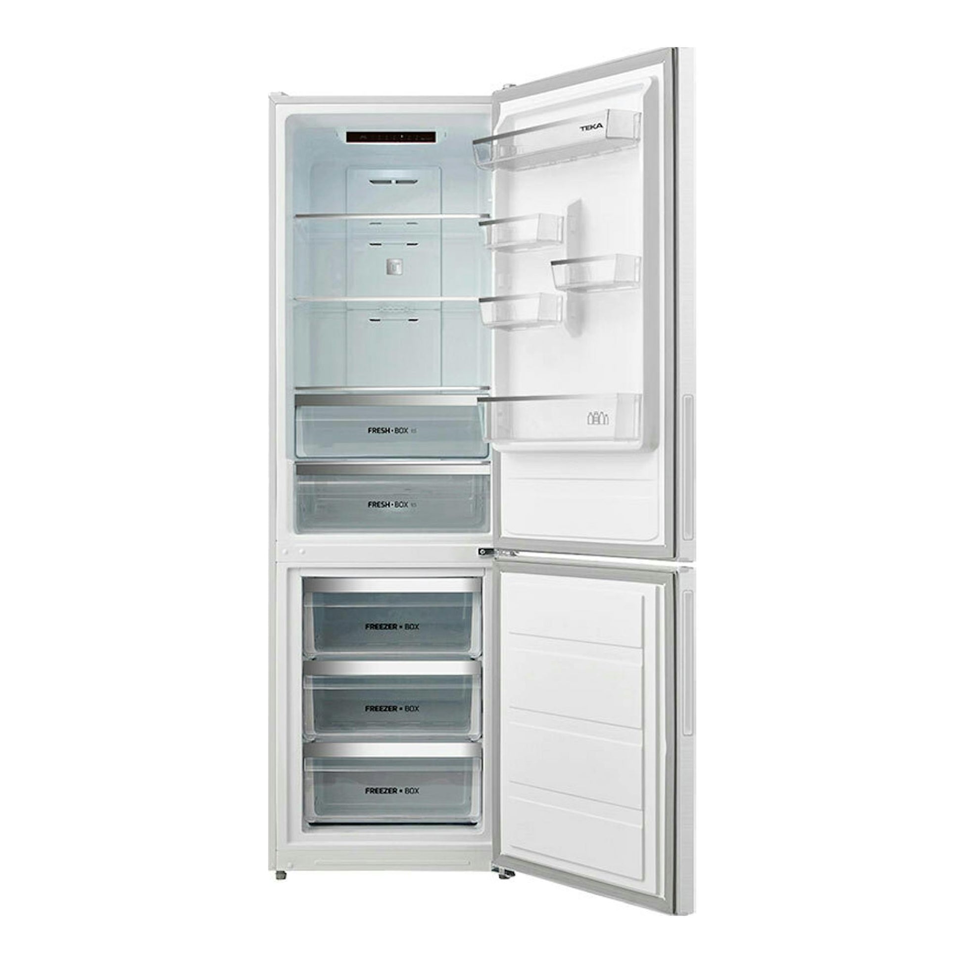 Frigorífico combi Teka RBF44630 blanco, vista frontal con puertas abiertas y cajones visibles.