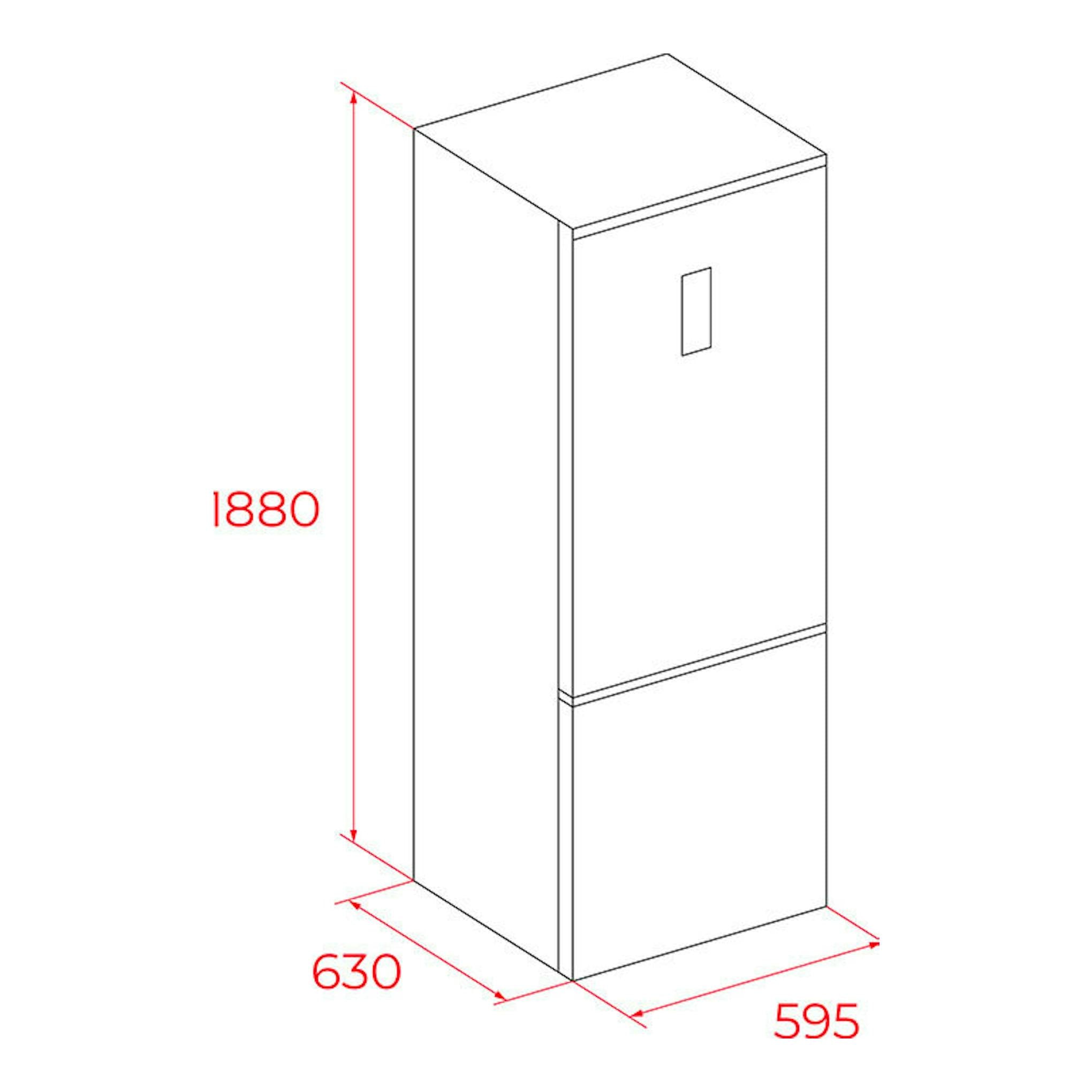 Frigorífico combi Teka RBF44630 Inox, vista isométrica frontal, con medidas 1880 x 595 x 630 mm.
