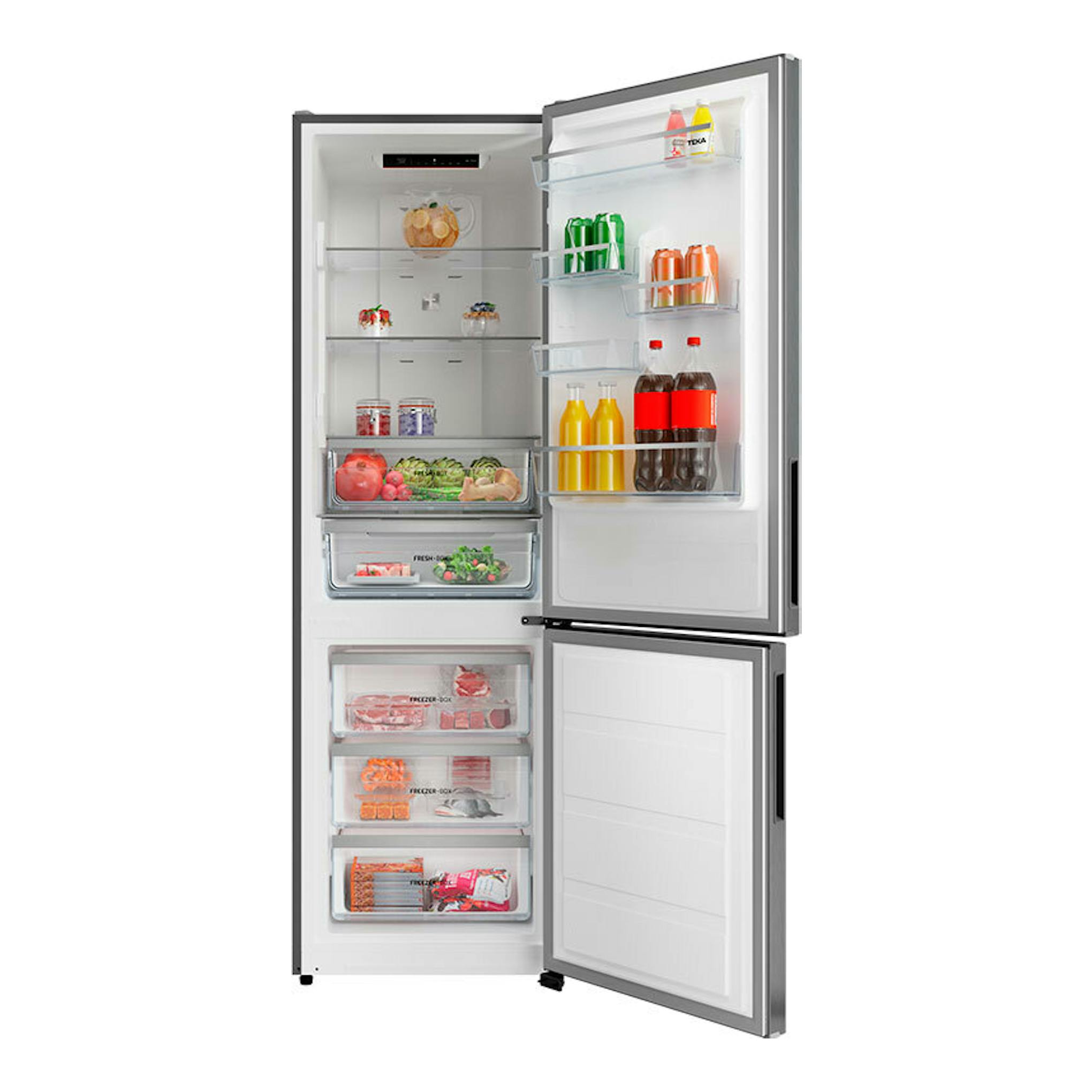 Frigorífico combi Teka RBF44630 inox, vista frontal con puertas abiertas y compartimentos visibles.