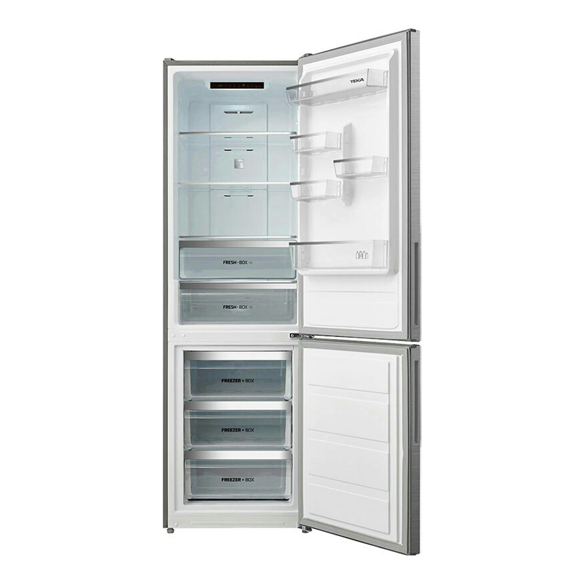 Frigorífico combi Teka RBF44630 Inox, vista frontal con puertas abiertas y cajones interiores visibles.