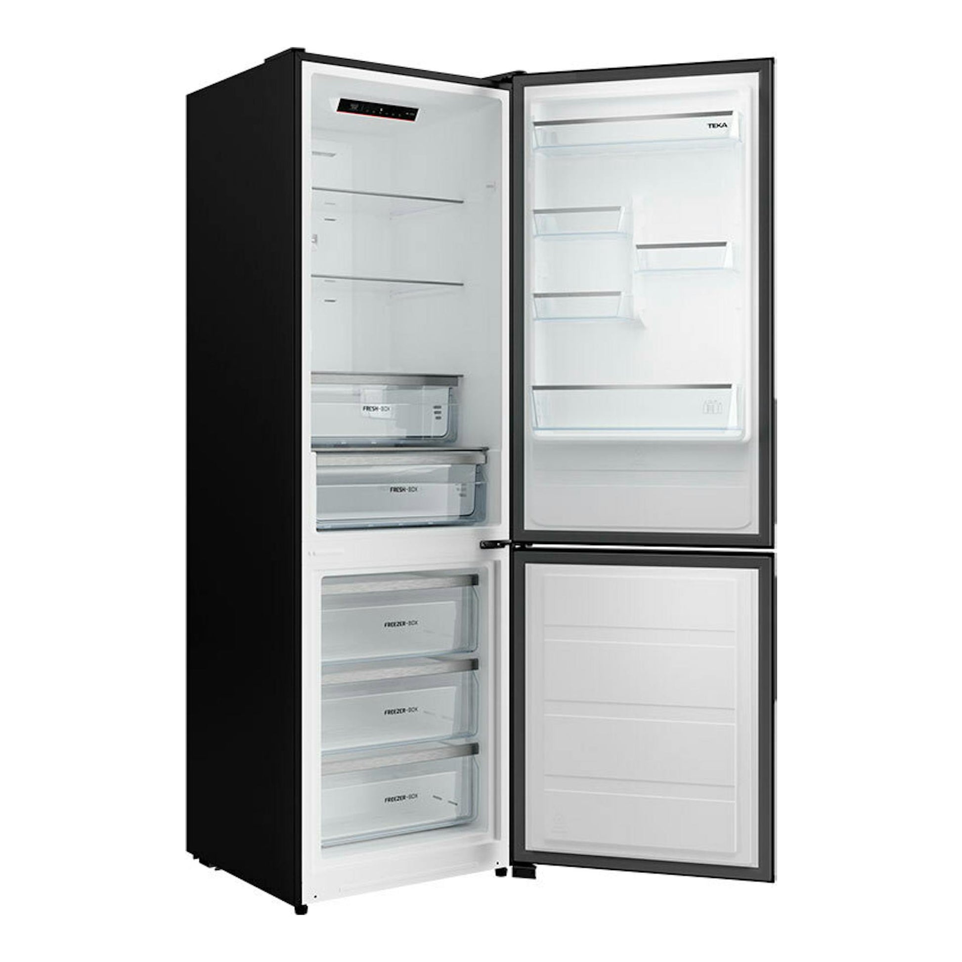 Frigorífico combi Teka RBF44630 negro, vista frontal con puertas abiertas y cajones interiores visibles.