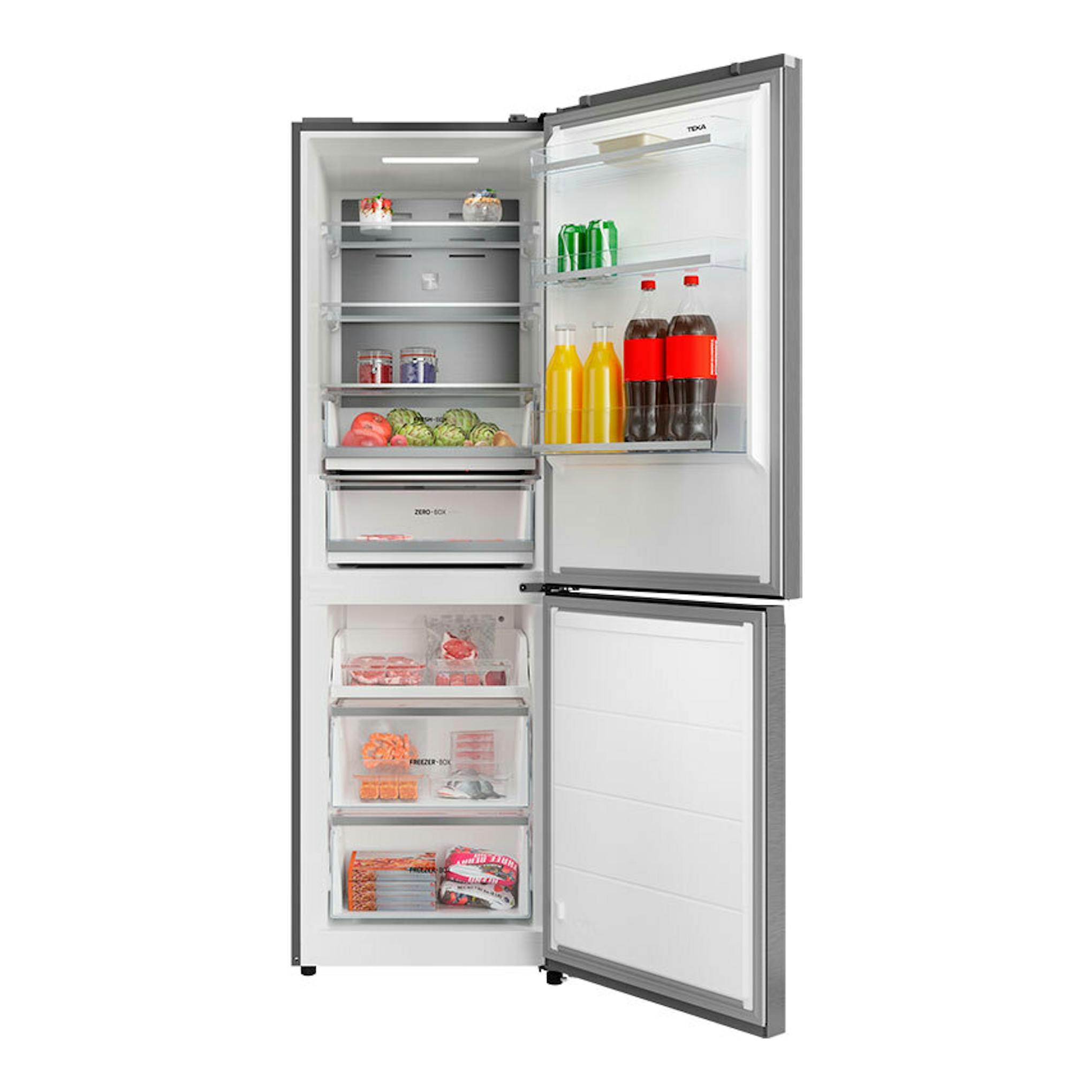 Frigorífico combi Teka RBF64660 inox, vista frontal con puertas abiertas y compartimentos visibles.