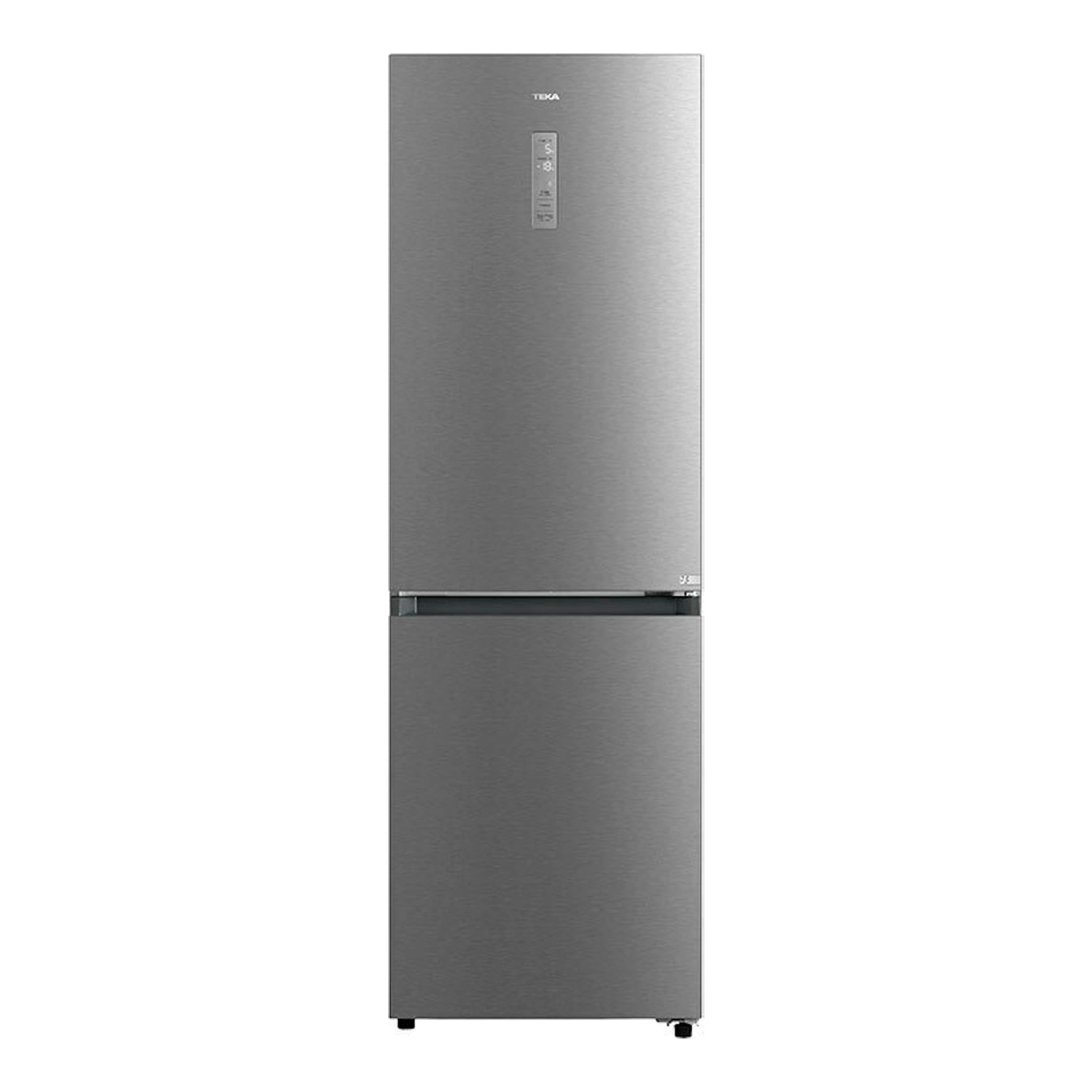 Frigorífico combi Teka RBF68670 inox, vista frontal, con puerta superior y congelador inferior.