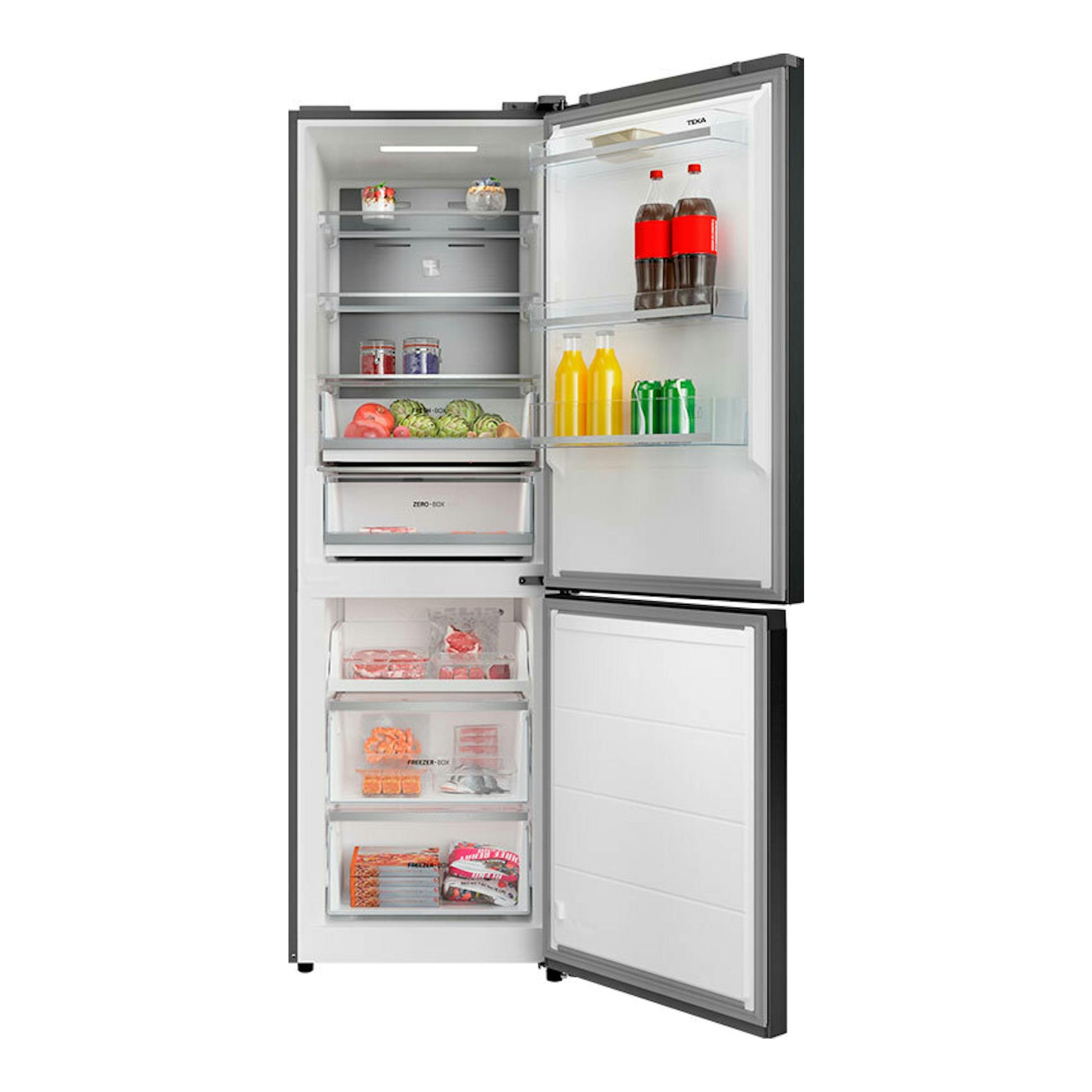 Frigorífico combi Teka RBF68670 inox, vista frontal con puertas abiertas y compartimentos interiores.