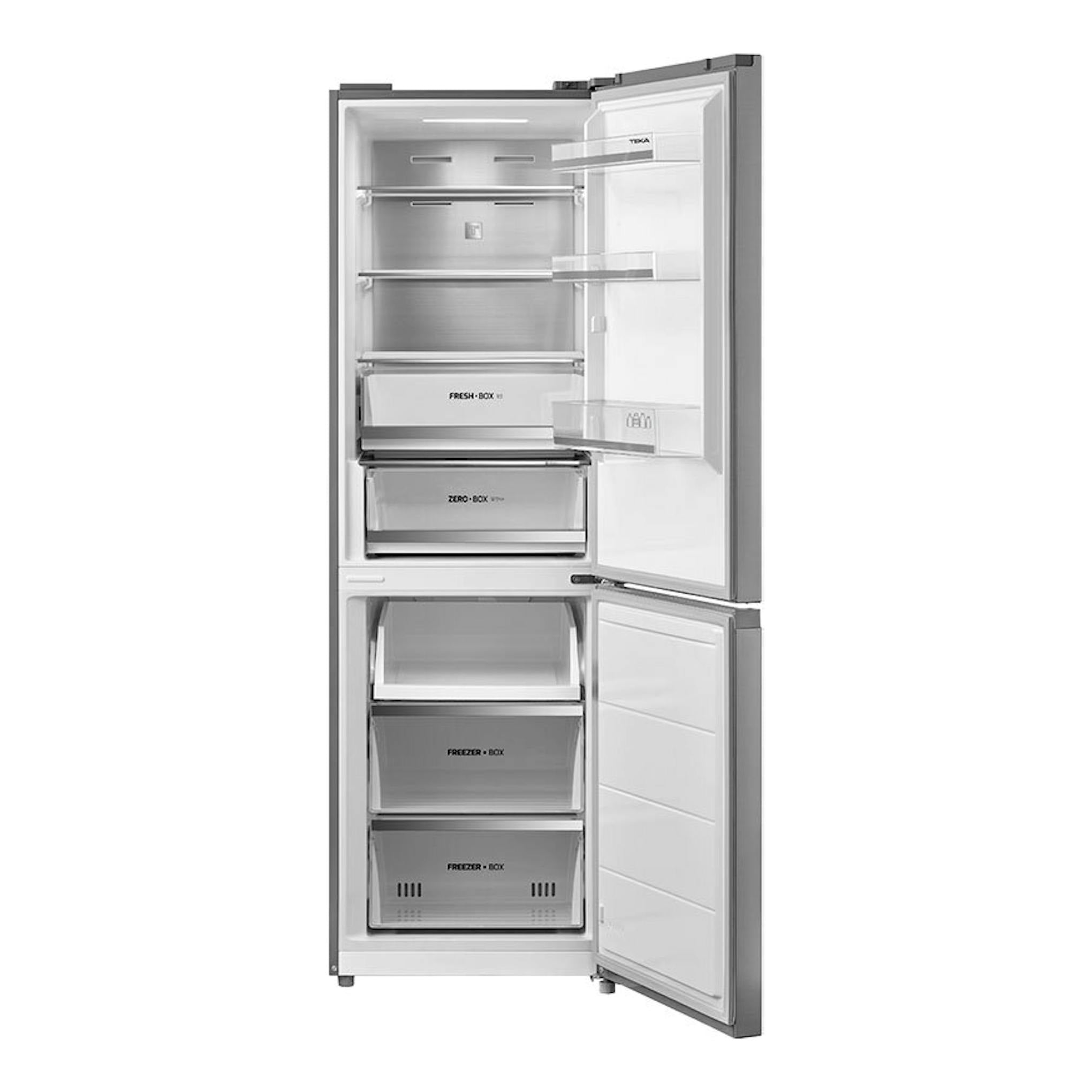Frigorífico combi Teka RBF68670 Inox, vista frontal con puertas abiertas y cajones interiores visibles.