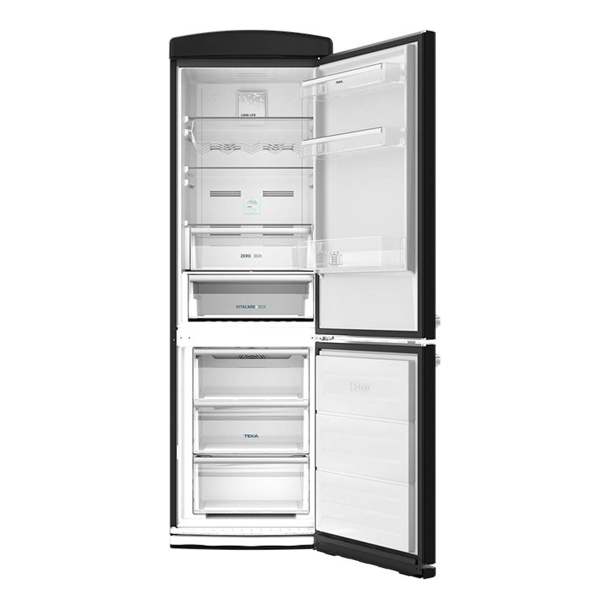 Frigorífico combi Teka RBF78617RTR negro, visto de frente con puertas abiertas y compartimentos interiores visibles.