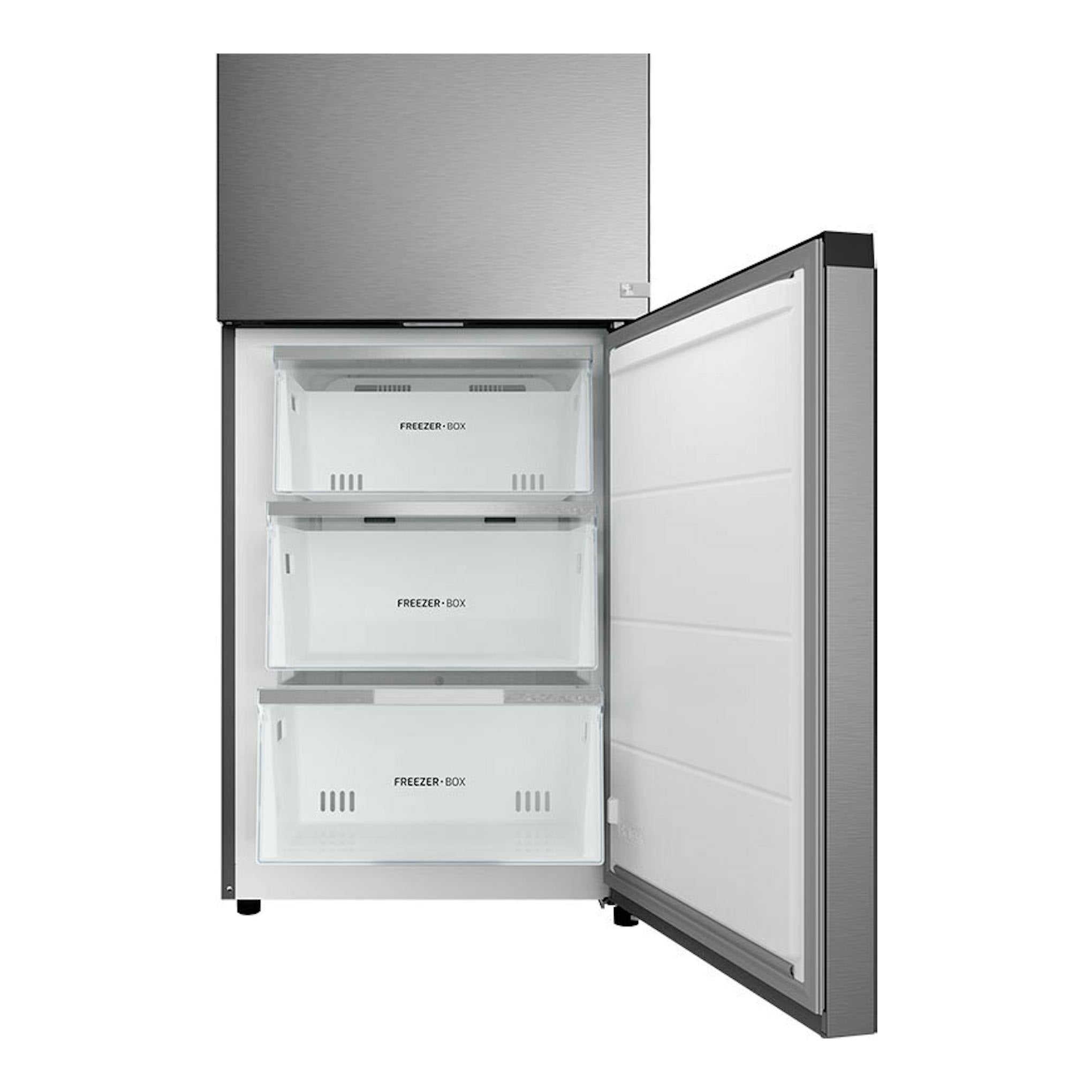 Frigorífico combi Teka RBF84680 inox, puerta abierta con tres cajones del congelador en vista frontal.