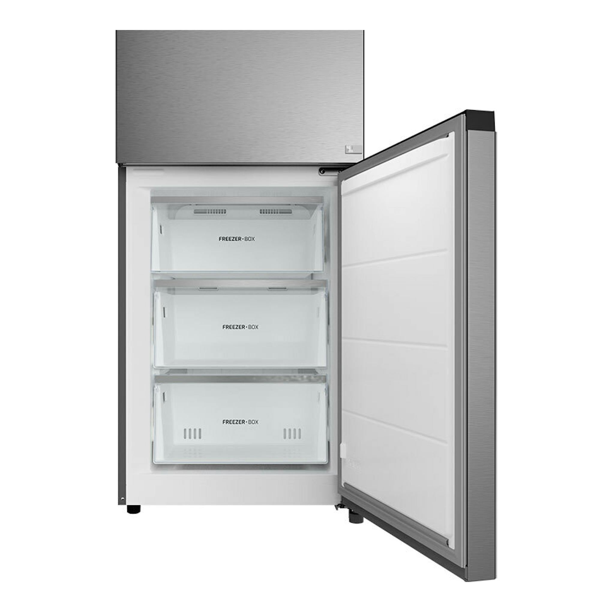 Frigorífico combi Teka RBF88680 Inox, vista frontal con la puerta del congelador abierta y tres cajones.