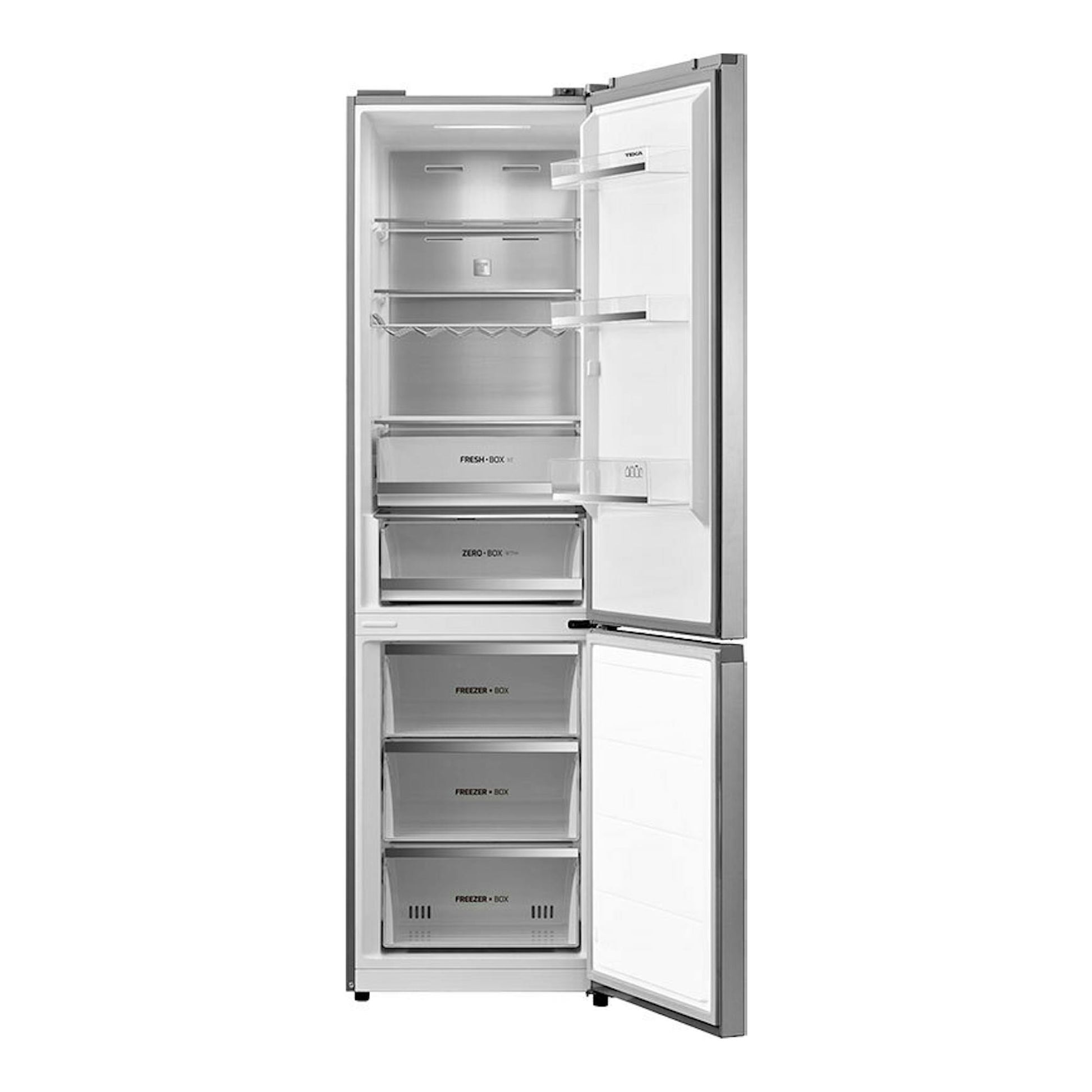 Frigorífico combi Teka RBF88680 inox, vista frontal con puertas abiertas y compartimentos interiores visibles.