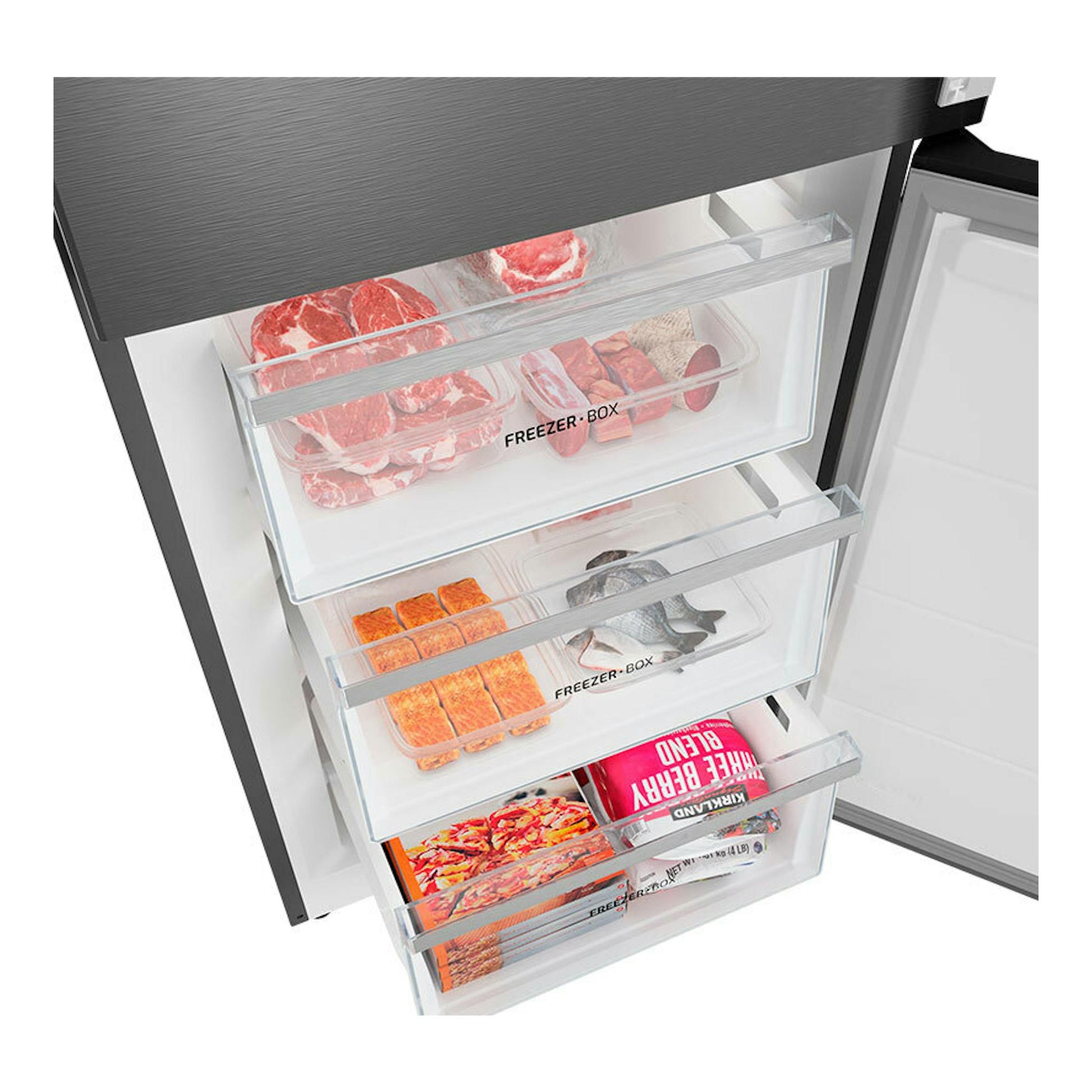 Frigorífico combi Teka RBF88680 inox, vista frontal abierta del congelador con tres cajones transparentes.