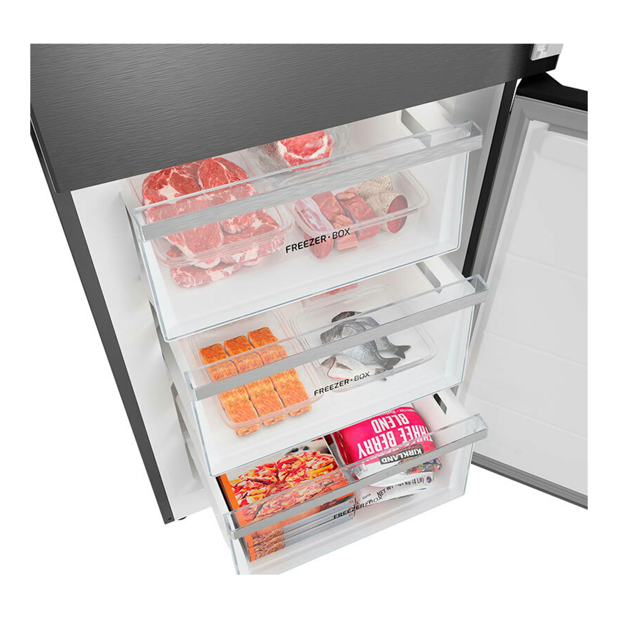 Frigorífico combi Teka RBF88680 inox, vista frontal abierta del congelador con tres cajones transparentes.