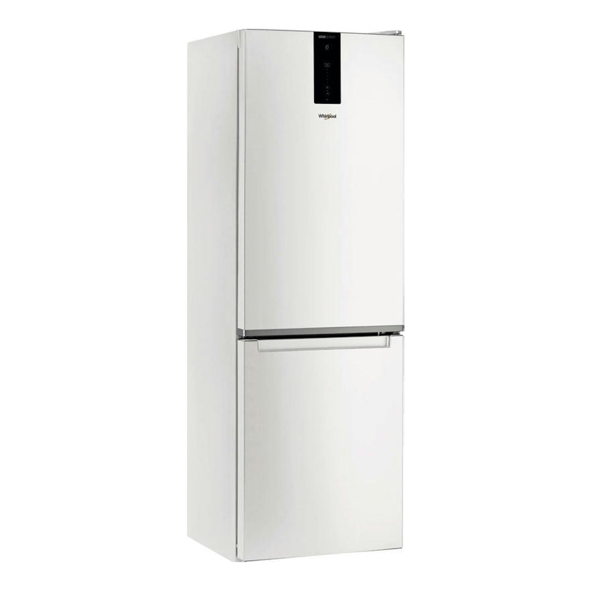 Frigorífico combi Whirlpool W7 821O W blanco, vista frontal, con panel negro superior.