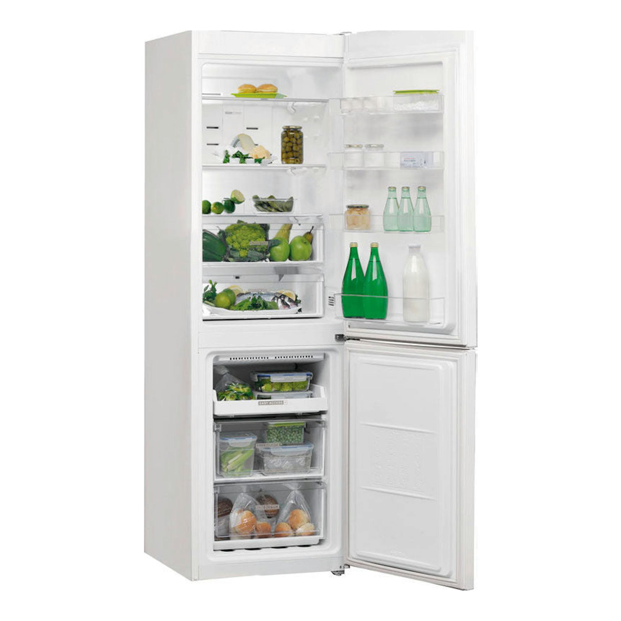 Frigorífico combi Whirlpool W7 821O W blanco, vista frontal, puertas abiertas e interior visible.