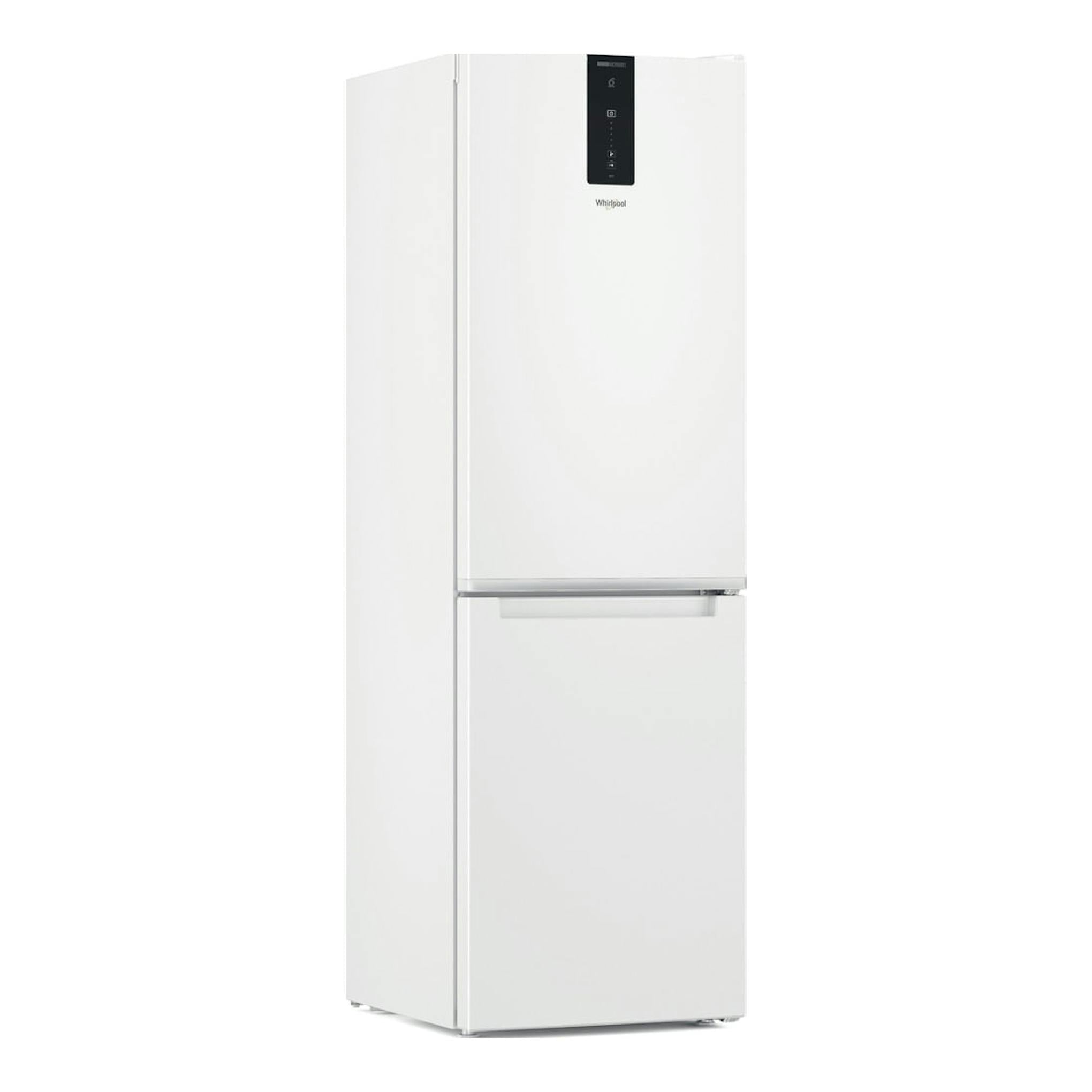 Frigorífico combi Whirlpool W7X 82O W blanco, vista frontal ligeramente lateral, con panel negro superior.