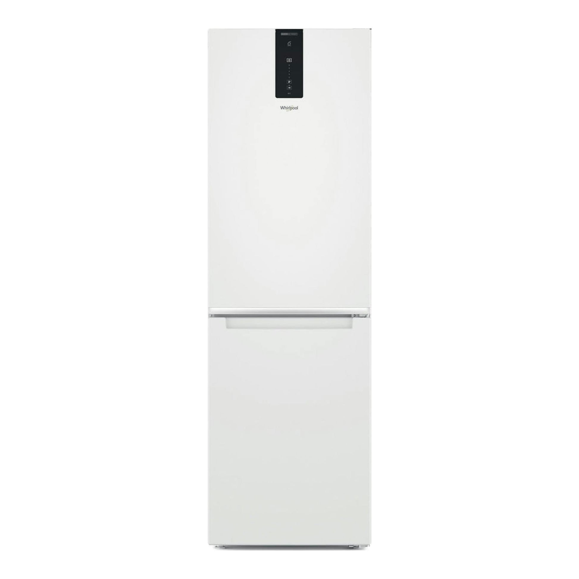 Frigorífico combi Whirlpool W7X 82O W blanco, vista frontal, con panel de control negro superior.