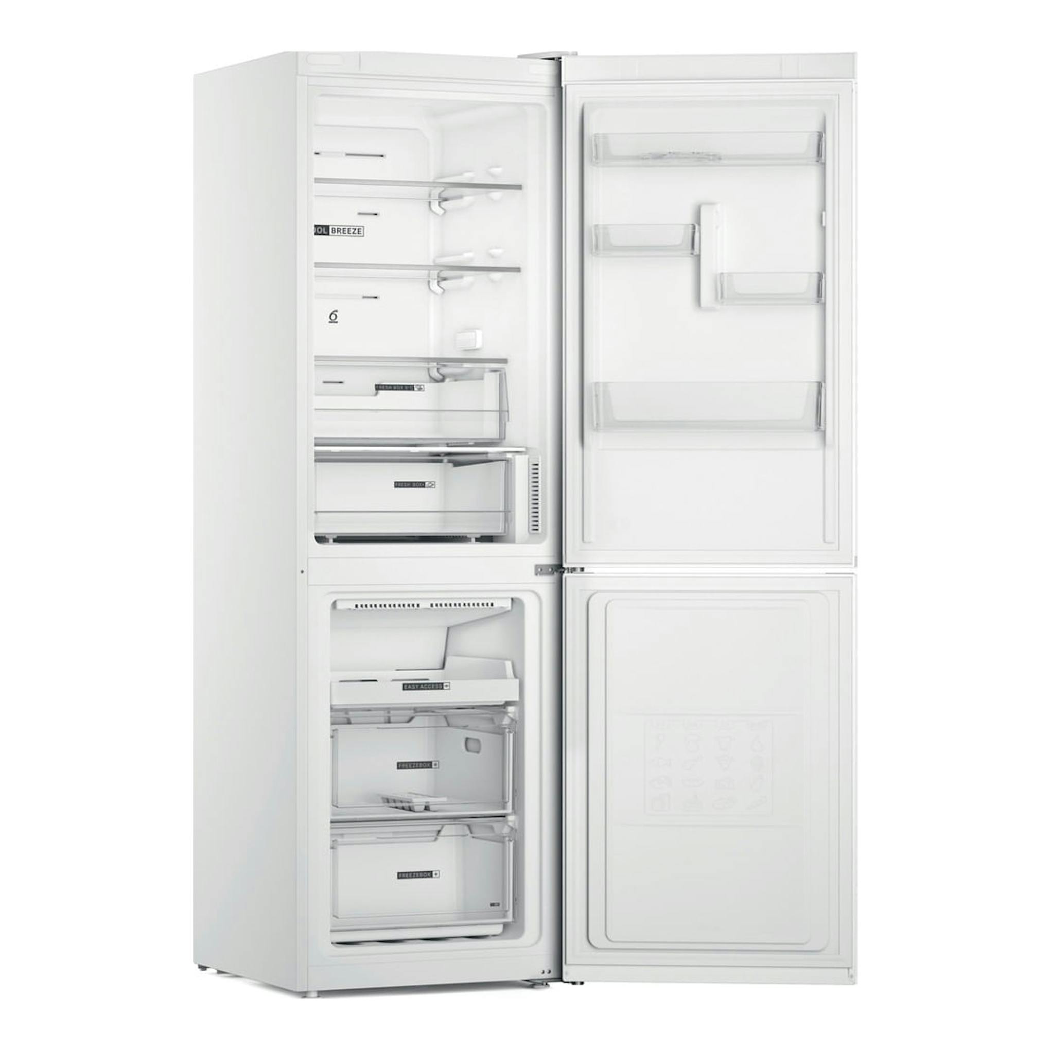 Frigorífico combi Whirlpool W7X 82O W blanco, vista frontal con puertas abiertas e interior visible.