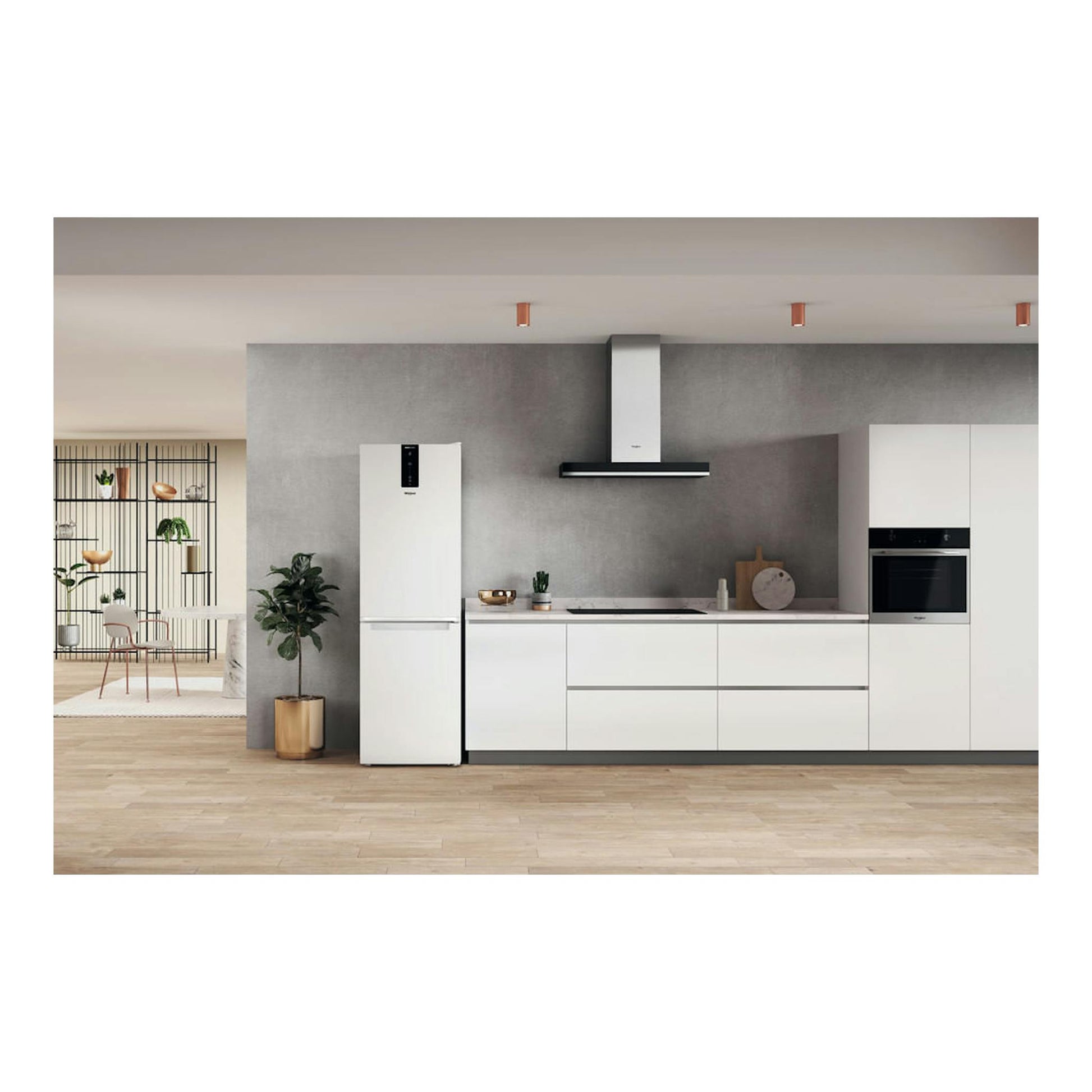 Frigorífico combi Whirlpool W7X 82O W blanco, vista frontal, en una cocina moderna.