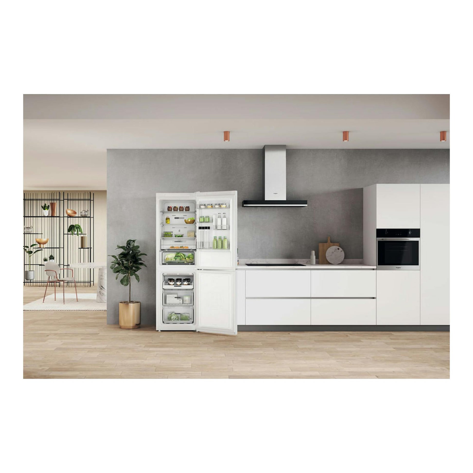 Frigorífico combi Whirlpool W7X 82O W blanco, vista frontal con puertas abiertas en una cocina moderna.