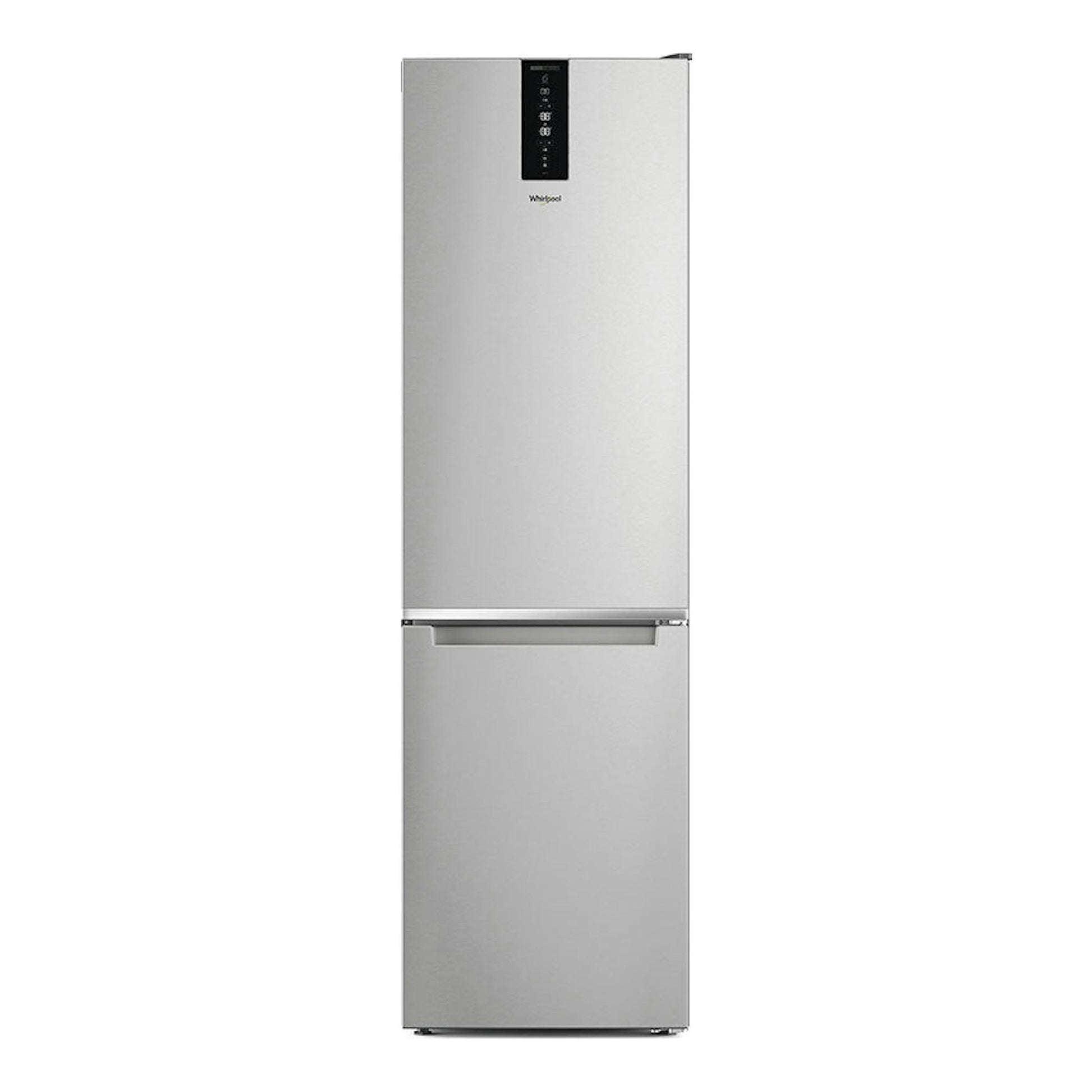 Frigorífico combi Whirlpool W7X94TSX inox, vista frontal, dos puertas y panel de control negro superior.