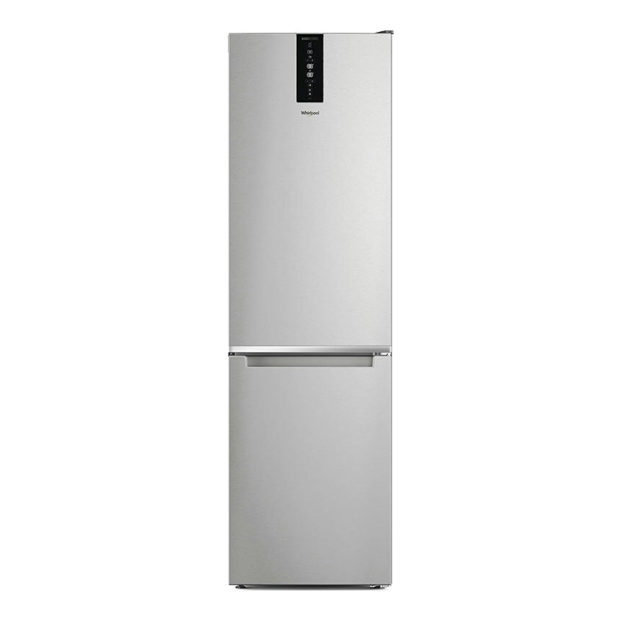 Frigorífico combi Whirlpool W7X94TSX inox, vista frontal, dos puertas y panel de control negro superior.