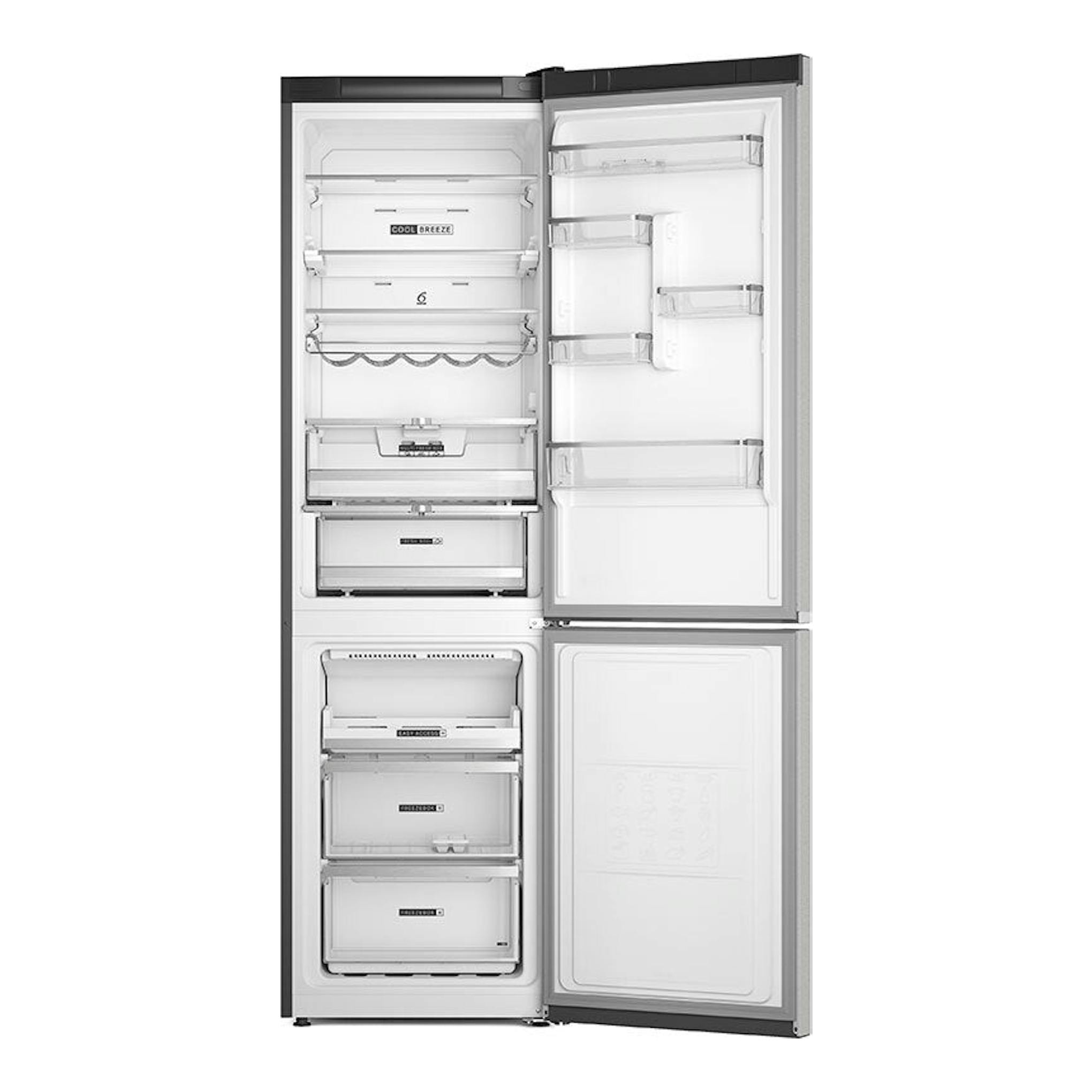 Frigorífico combi Whirlpool W7X94TSX inox, vista frontal con puertas abiertas e interior visible.