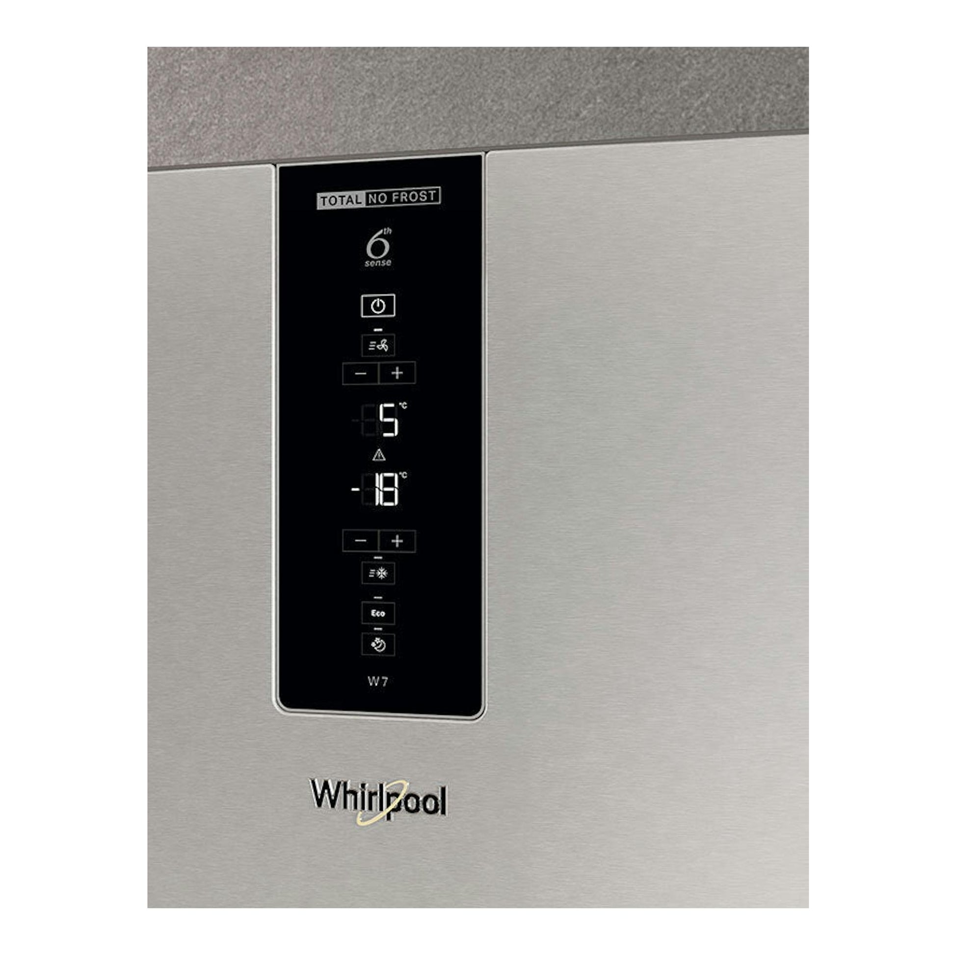 Frigorífico combi Whirlpool W7X94TSX en acero inox, vista frontal con panel táctil negro.