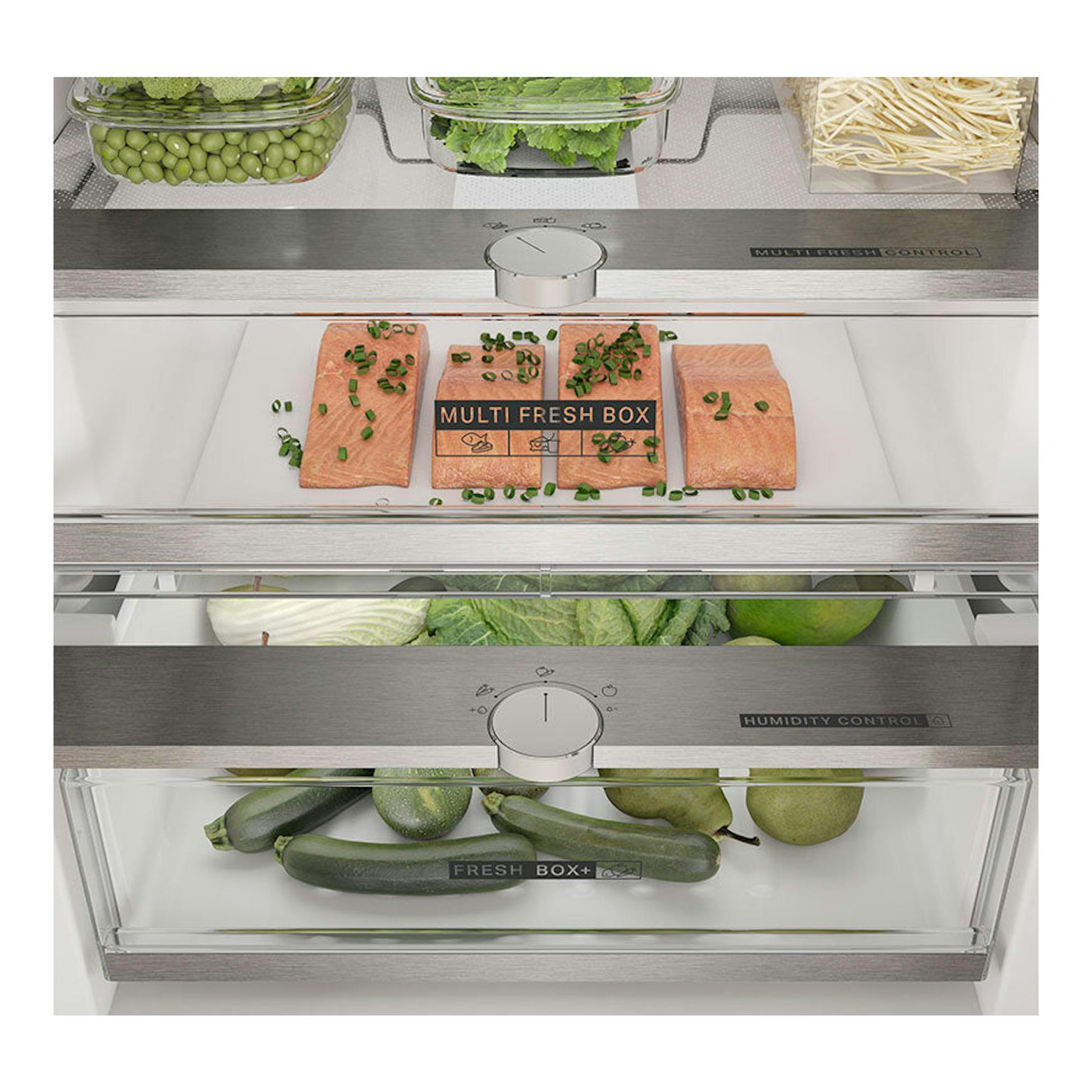 Interior de frigorífico combi Whirlpool W7X94TSX Inox, vista frontal de cajones Fresh Box con verduras y pescado.