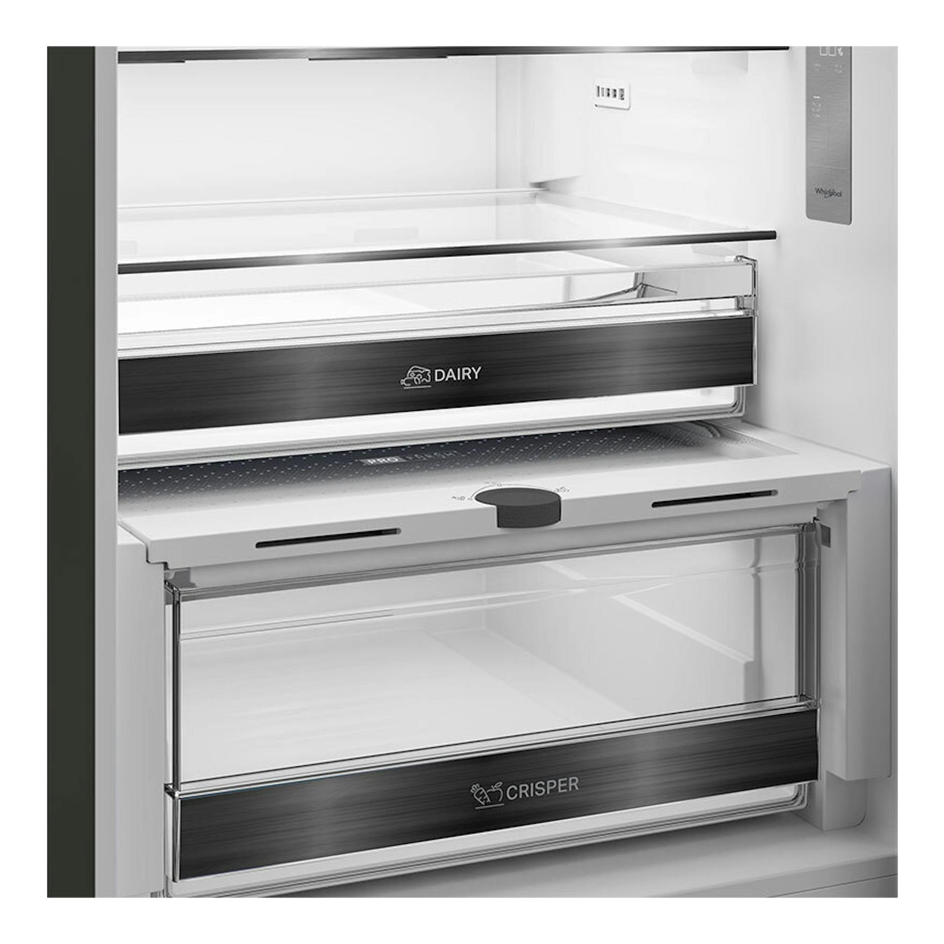 Frigorífico combi Whirlpool WHK 22412 X5EE, interior blanco con cajones transparentes y baldas, vista frontal.