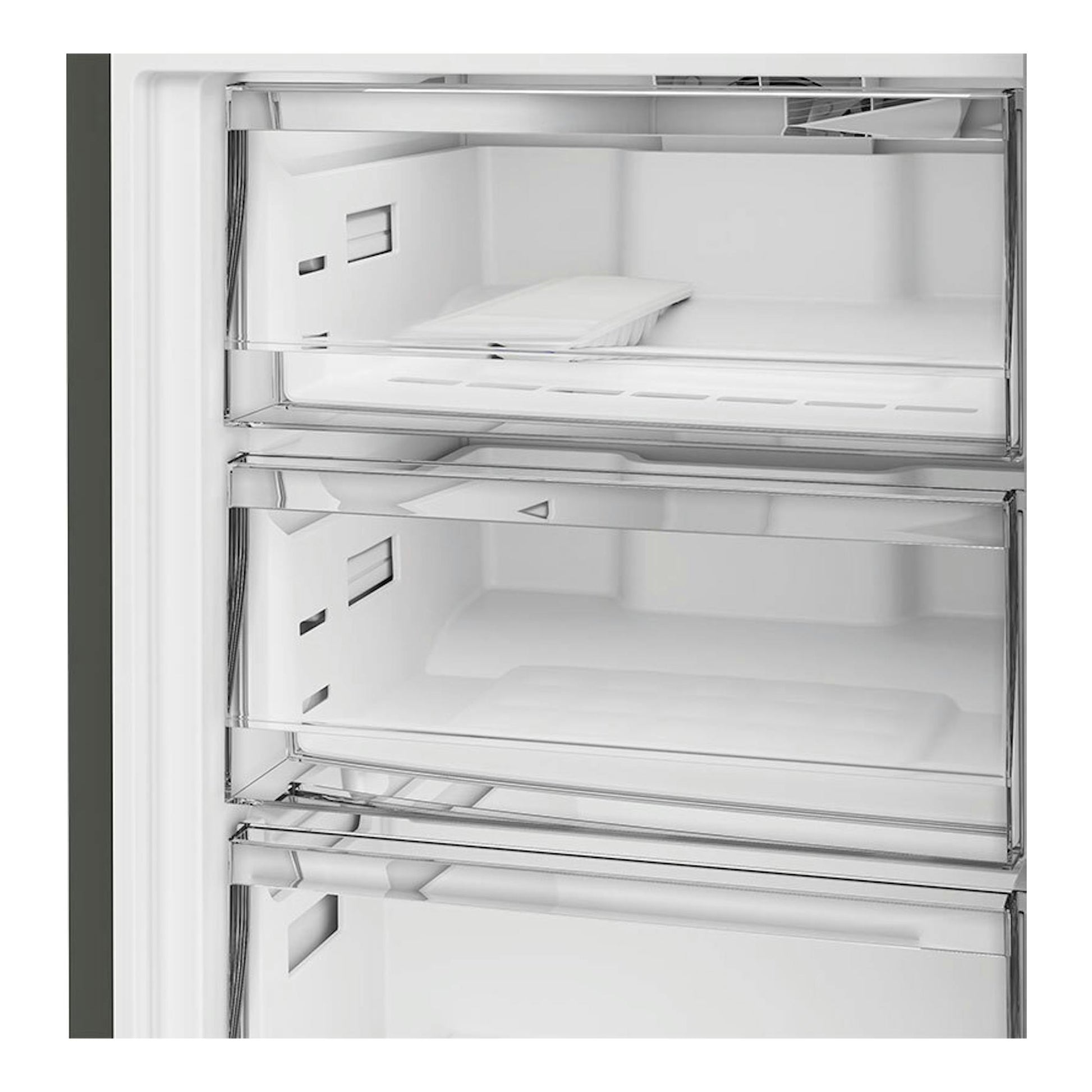 Whirlpool WHK 22412 X5EE Inox, vista frontal del interior de un frigorífico combi blanco con tres cajones.