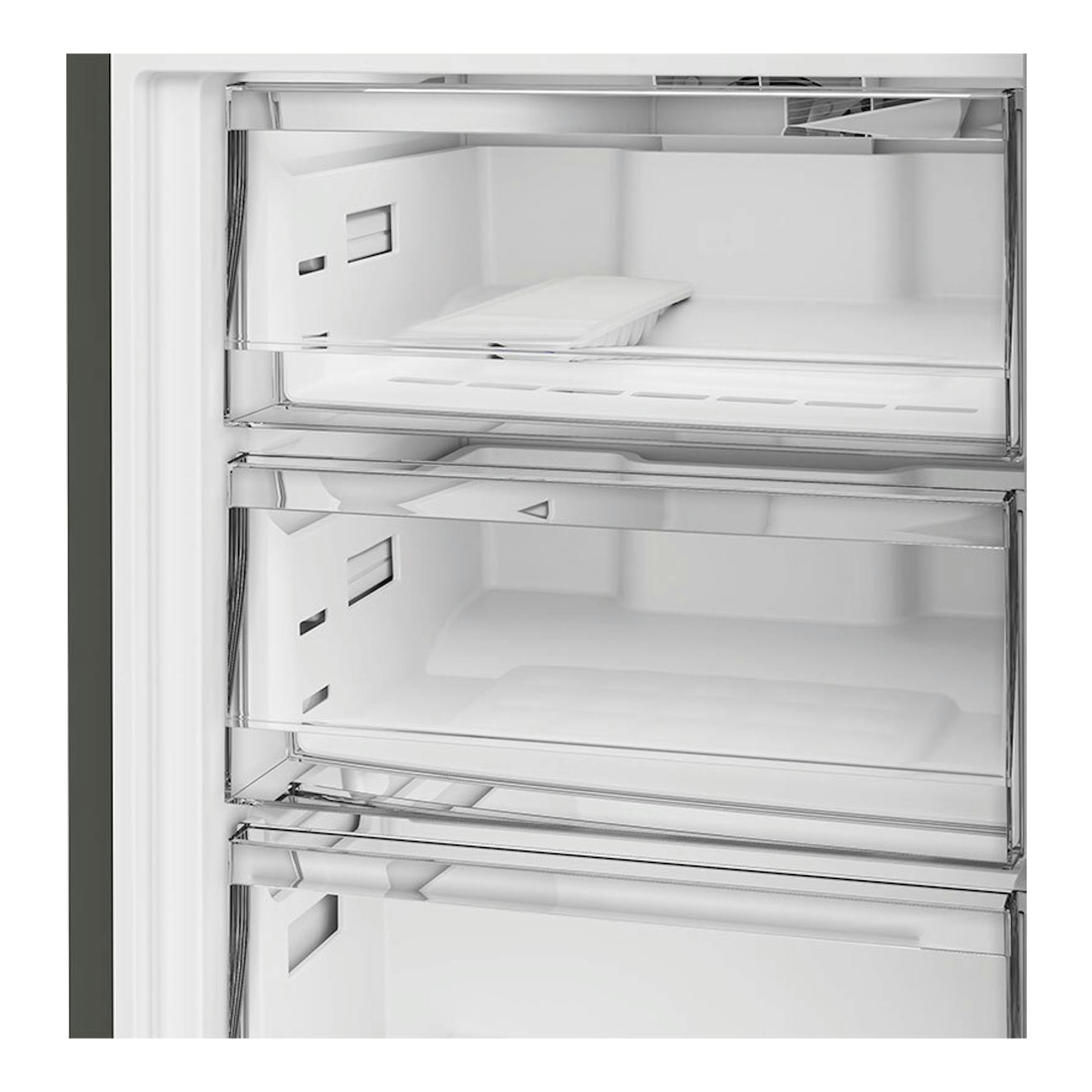 Whirlpool WHK 22412 X5EE Inox, vista frontal del interior de un frigorífico combi blanco con tres cajones.