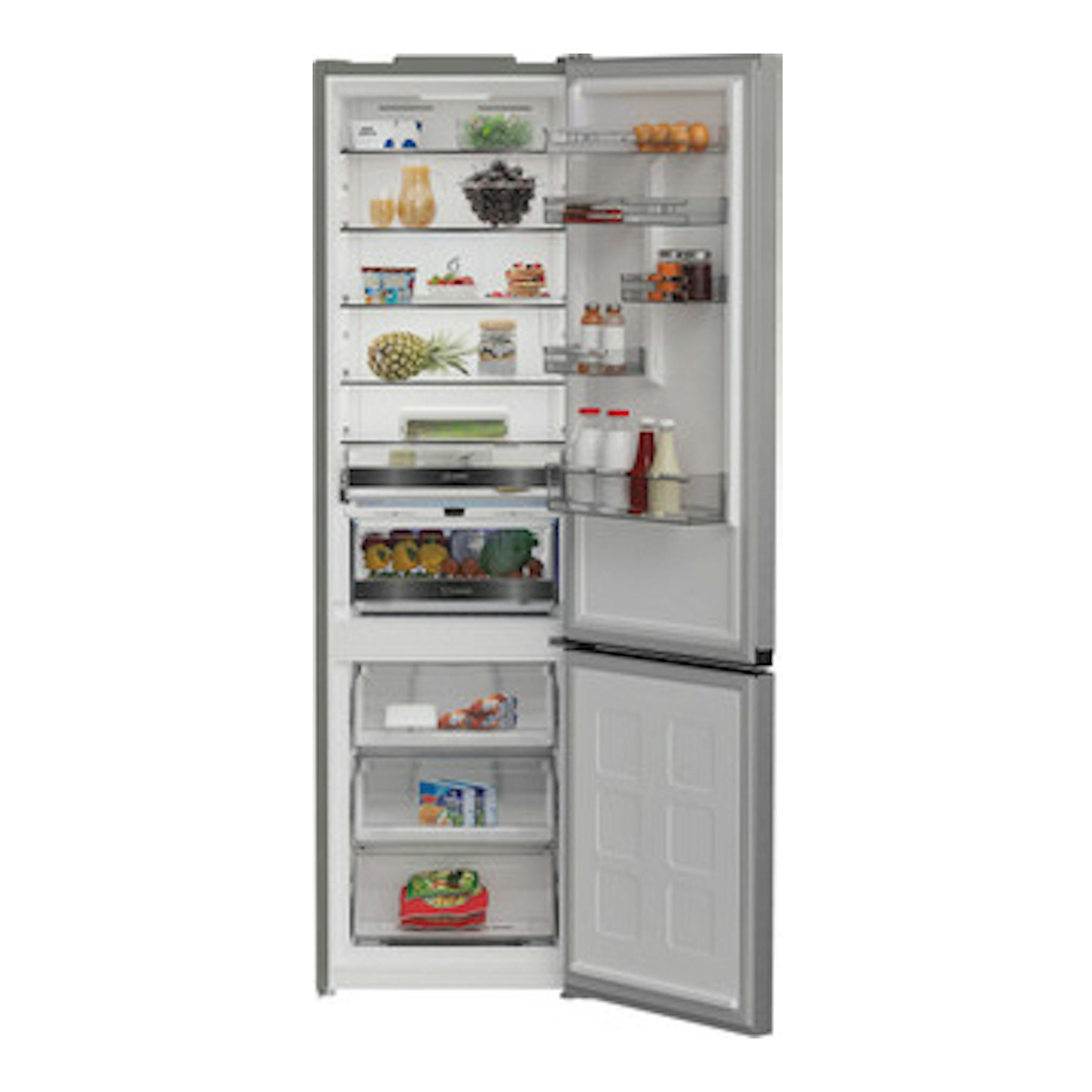 Frigorífico combi Whirlpool WHK 22413 X6EE, vista frontal con puertas abiertas, acabado plateado y congelador inferior.
