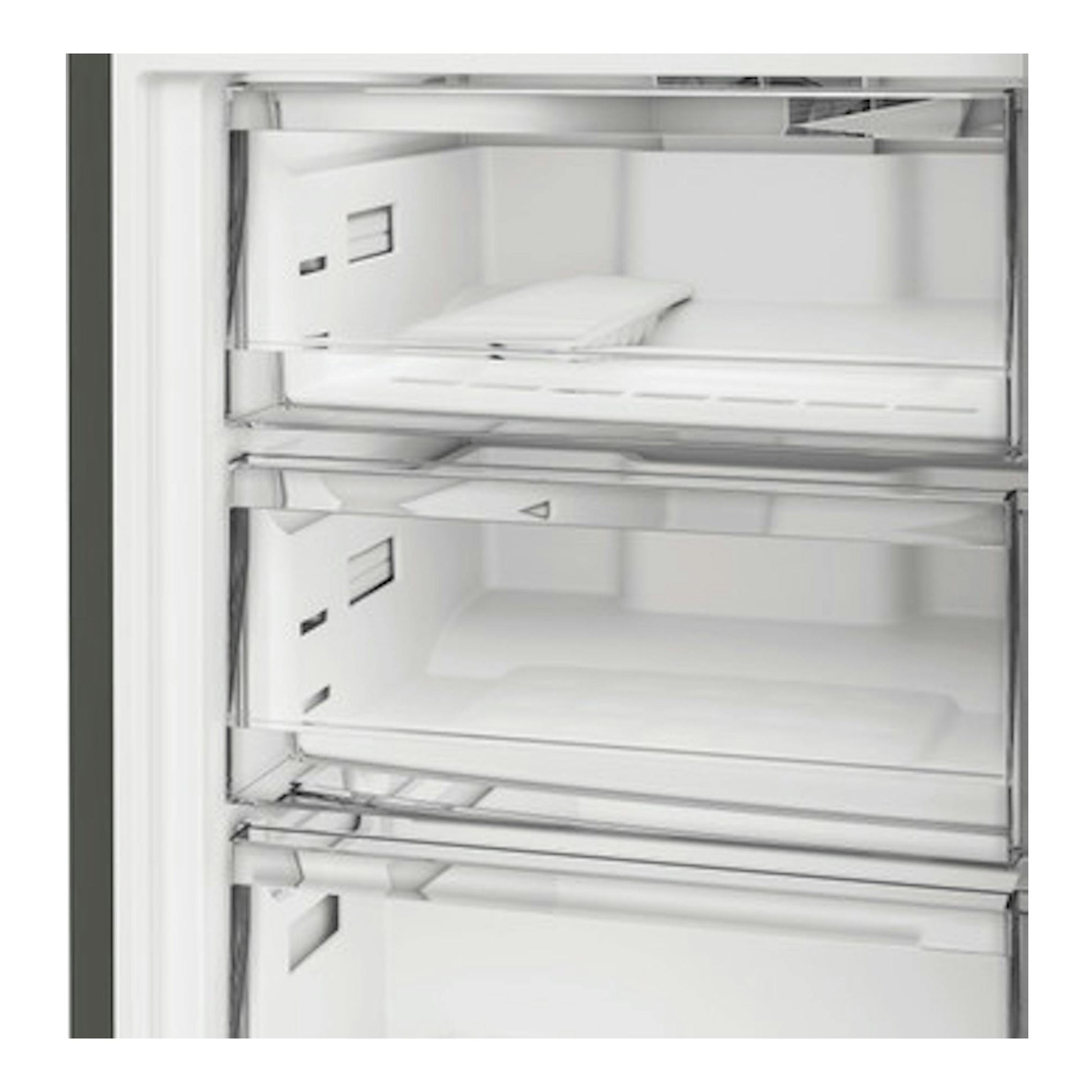 Frigorífico combi Whirlpool WHK 22413 X6EE, interior blanco con cajones y baldas de cristal, vista frontal.