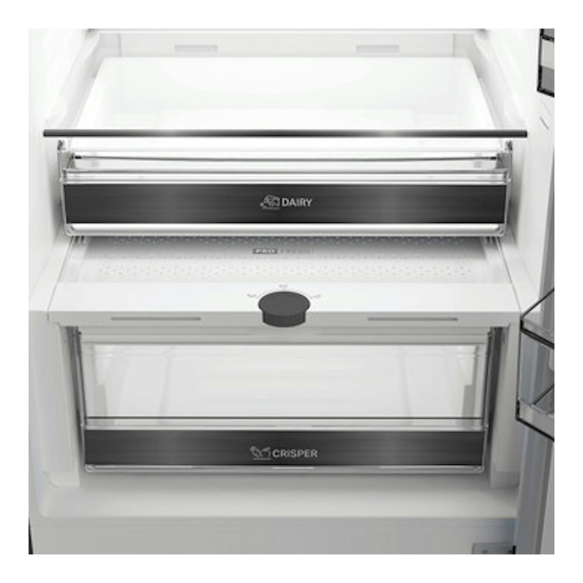 Interior frontal del frigorífico Whirlpool WHK 22413 X6EE, con cajones Dairy y Crisper abiertos.