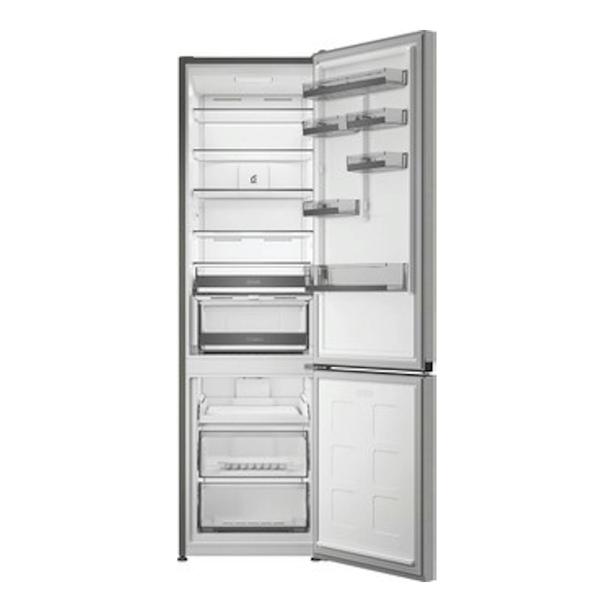 Frigorífico combi Whirlpool WHK 26413 X6EE en acero inoxidable, vista frontal con las puertas abiertas.
