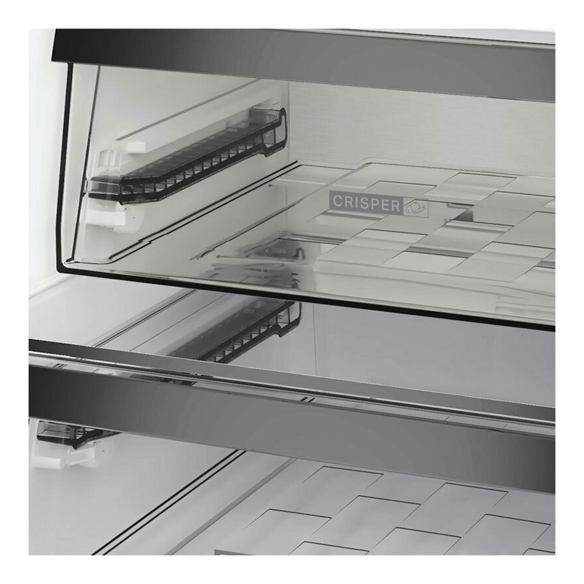 Vista frontal del interior de frigorífico combi Whirlpool WHK25364W4E blanco, con baldas de vidrio y cajón Crisper.
