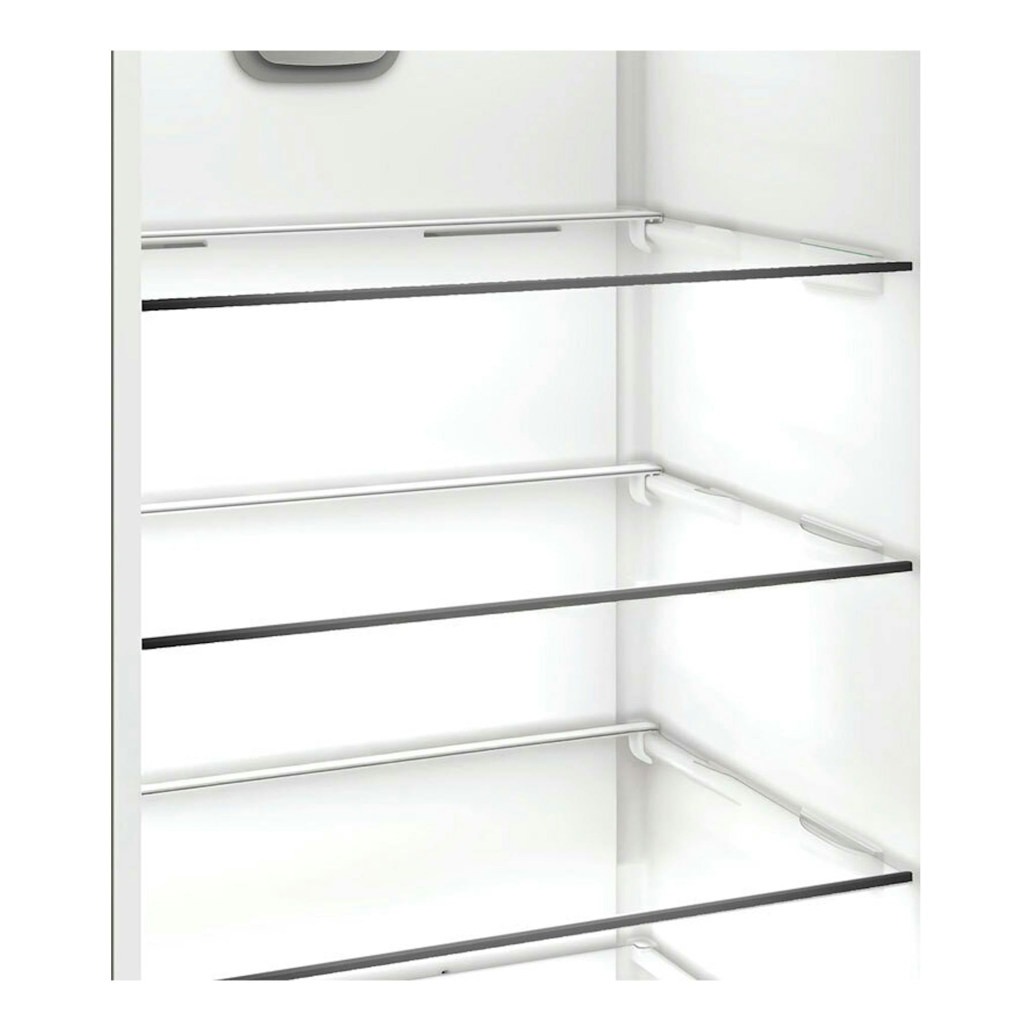 Interior de frigorífico Whirlpool WHK25364W4E blanco, con estantes de vidrio en vista frontal.