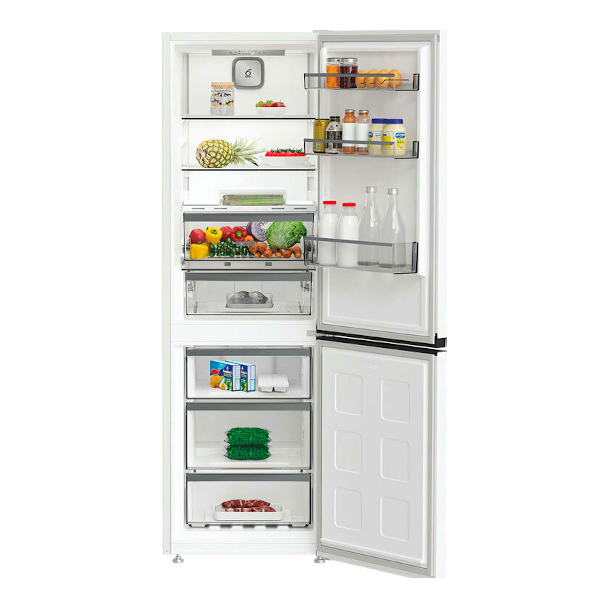 Frigorífico combi Whirlpool WHK25364W5E blanco, vista frontal con puertas abiertas y compartimentos interiores.
