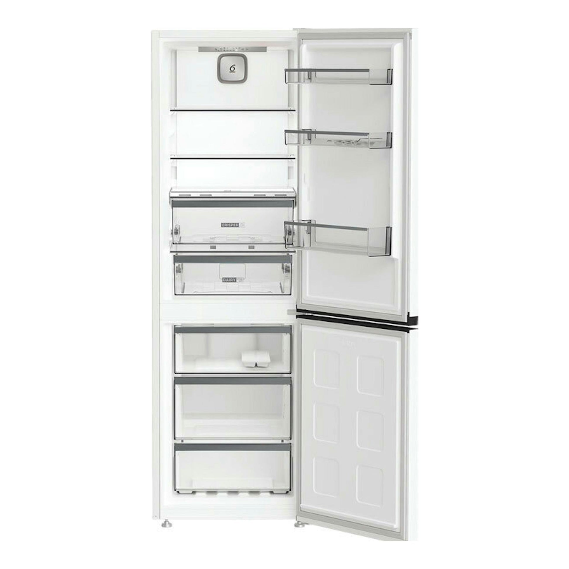 Frigorífico combi Whirlpool WHK25364W5E blanco, puerta abierta, vista frontal del interior y cajones.