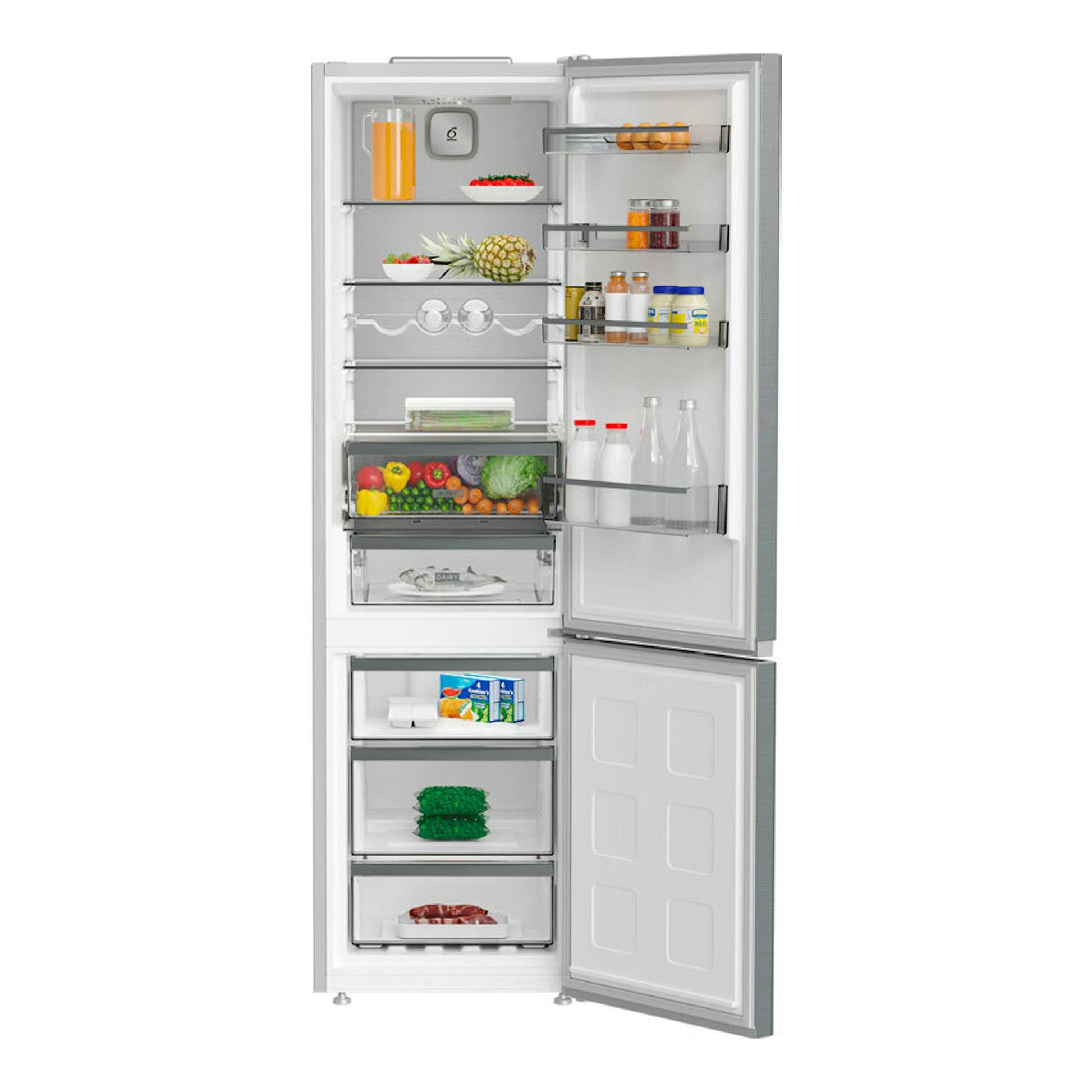 Frigorífico combi Whirlpool WHK25404XP8E en inox, vista frontal con puertas abiertas y alimentos en el interior.