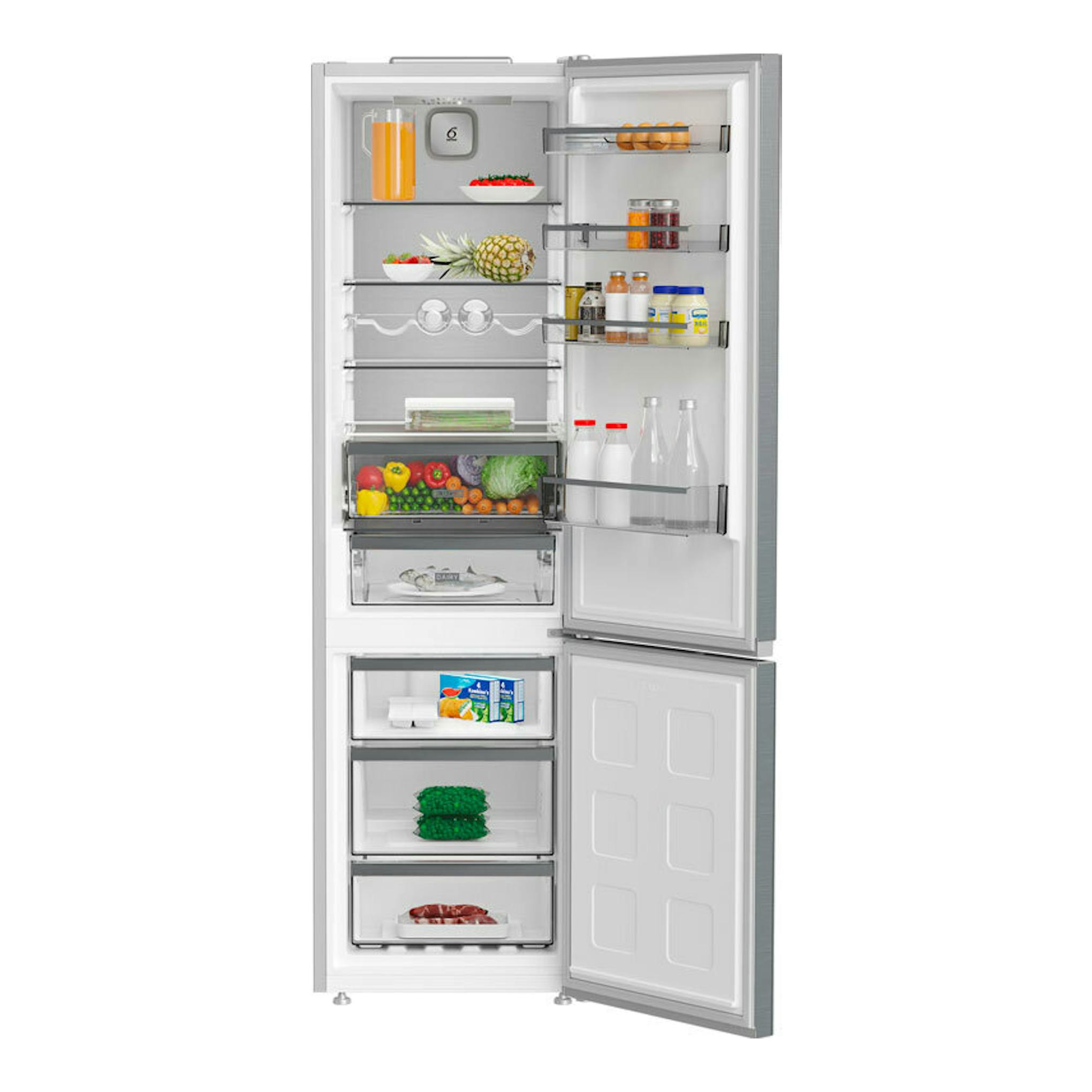 Frigorífico combi Whirlpool WHK25404XP8E en inox, vista frontal con puertas abiertas y alimentos en el interior.