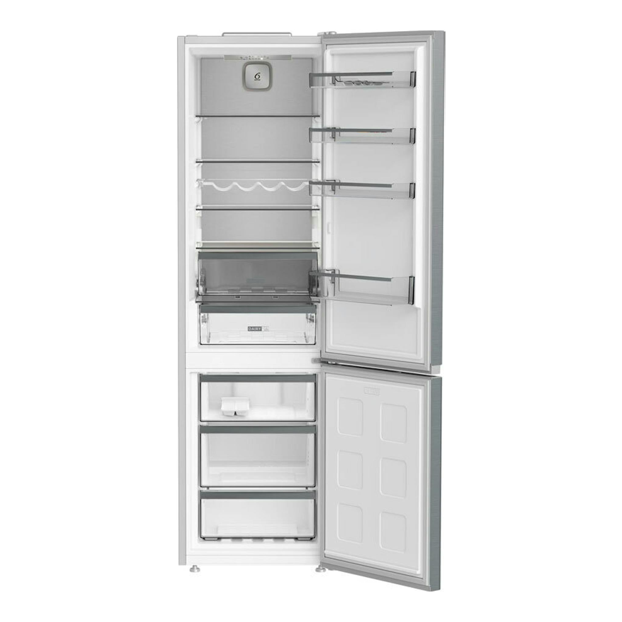 Frigorífico combi Whirlpool WHK25404XP8E en inox, vista frontal con puertas abiertas y estantes interiores.
