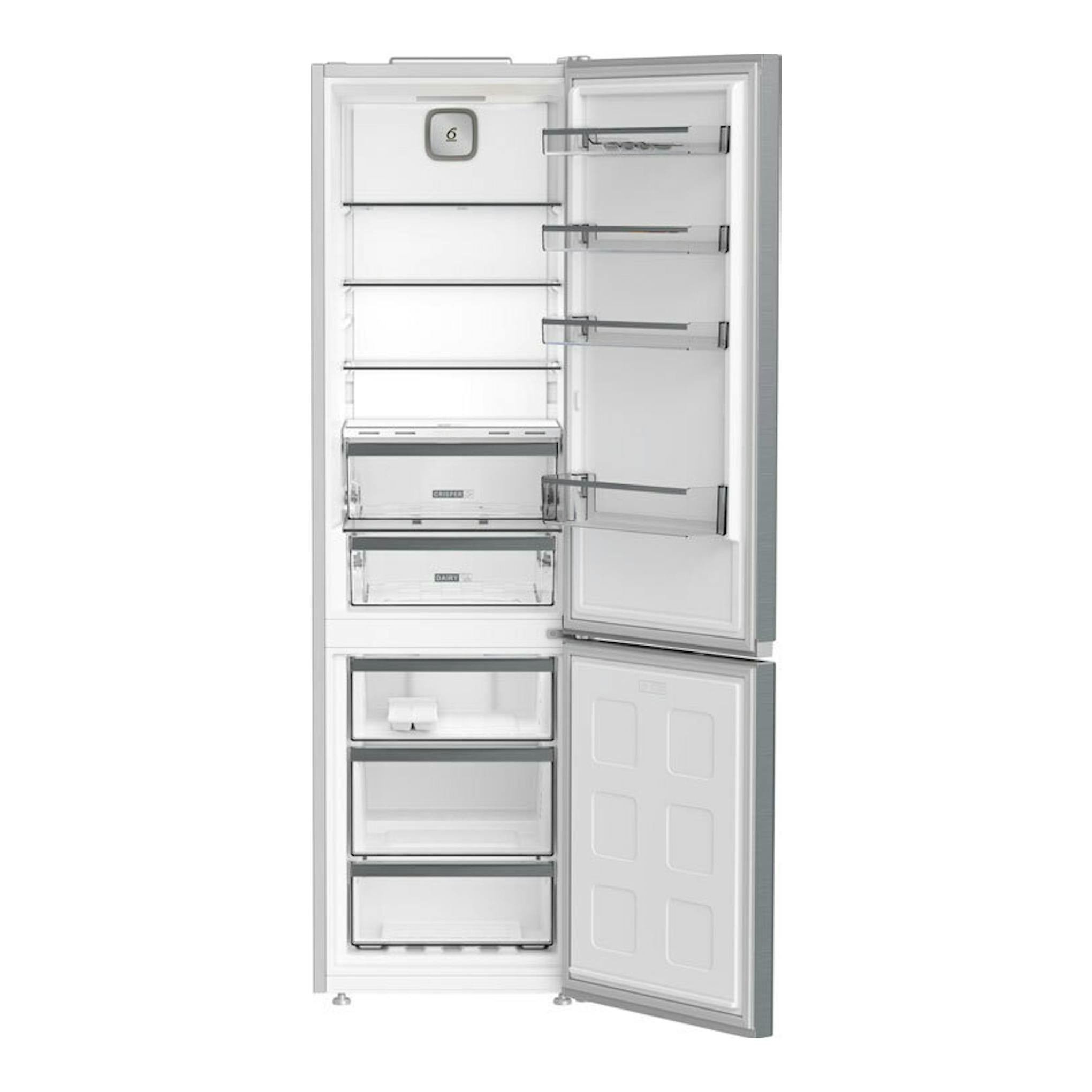 Frigorífico combi Whirlpool WHK26362XP5E Pearl Inox abierto, vista frontal, interior blanco.